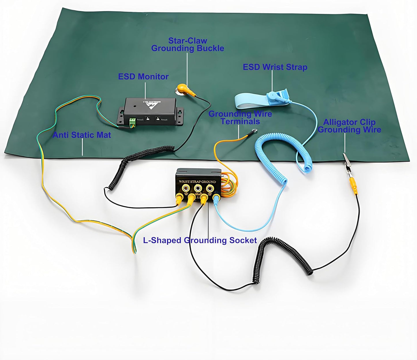 7-Port ESD Wrist Strap Grounding Kit with 5.9 ft Terminal Cable and Anti-Static Socket Connector, L-Shaped Aluminum Hub with 1 MΩ Resistors, Static Protection for Electronics Workbench(7-Port(2Pack))