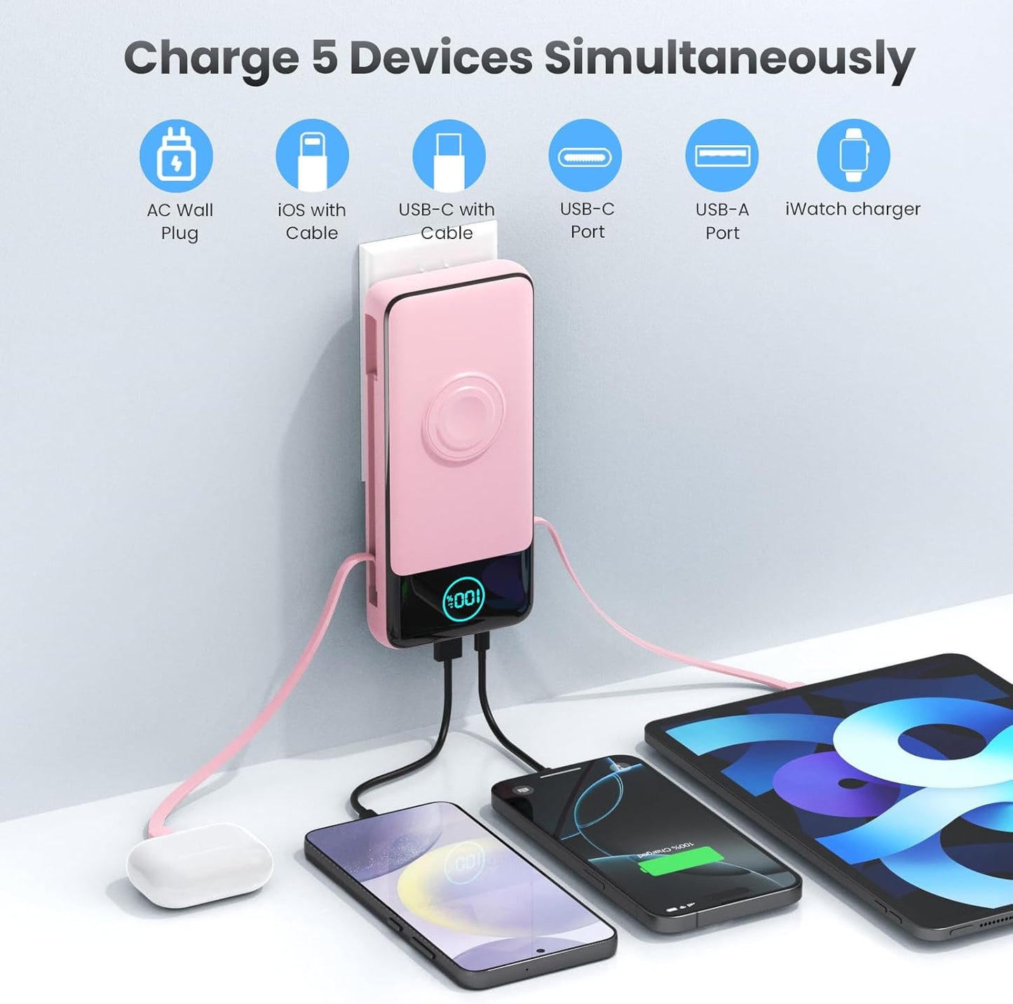 Portable Charger 26800mah for iPhone with Built-in Cables & AC Wall Plug,6-in-1 USB C Power Bank with iWatch Charger,25W PD Fast Charging Battery Pack for iPhone 16/15/14/13/12,Android,Apple Watch etc