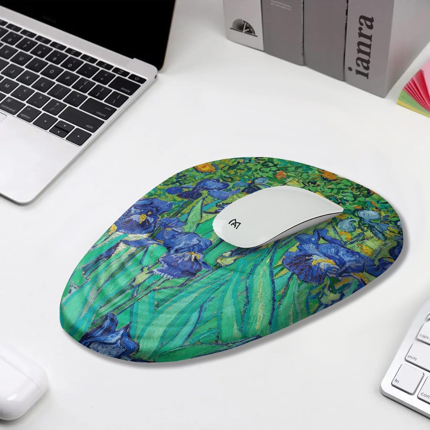 Ergonomic Mouse Pad Wrist Support, Floral Mouse Pad with Wrist Rest, Non-Slip PU Base MousePads with Foam Massage Design for Pain Relief, Desk, Office, Home, Van Gogh Flower