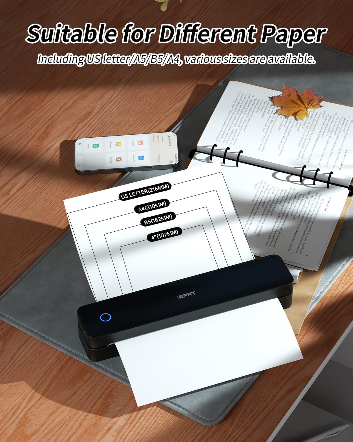 iDPRT Portable Thermal Printer, MT610 Pro Wireless for Travel, 300 DPI Bluetooth Inkless Printer Support 8.5" X 11" US Letter&A4&A5 Thermal Paper for Home, Compatible with iOS, Android, Laptop, Black