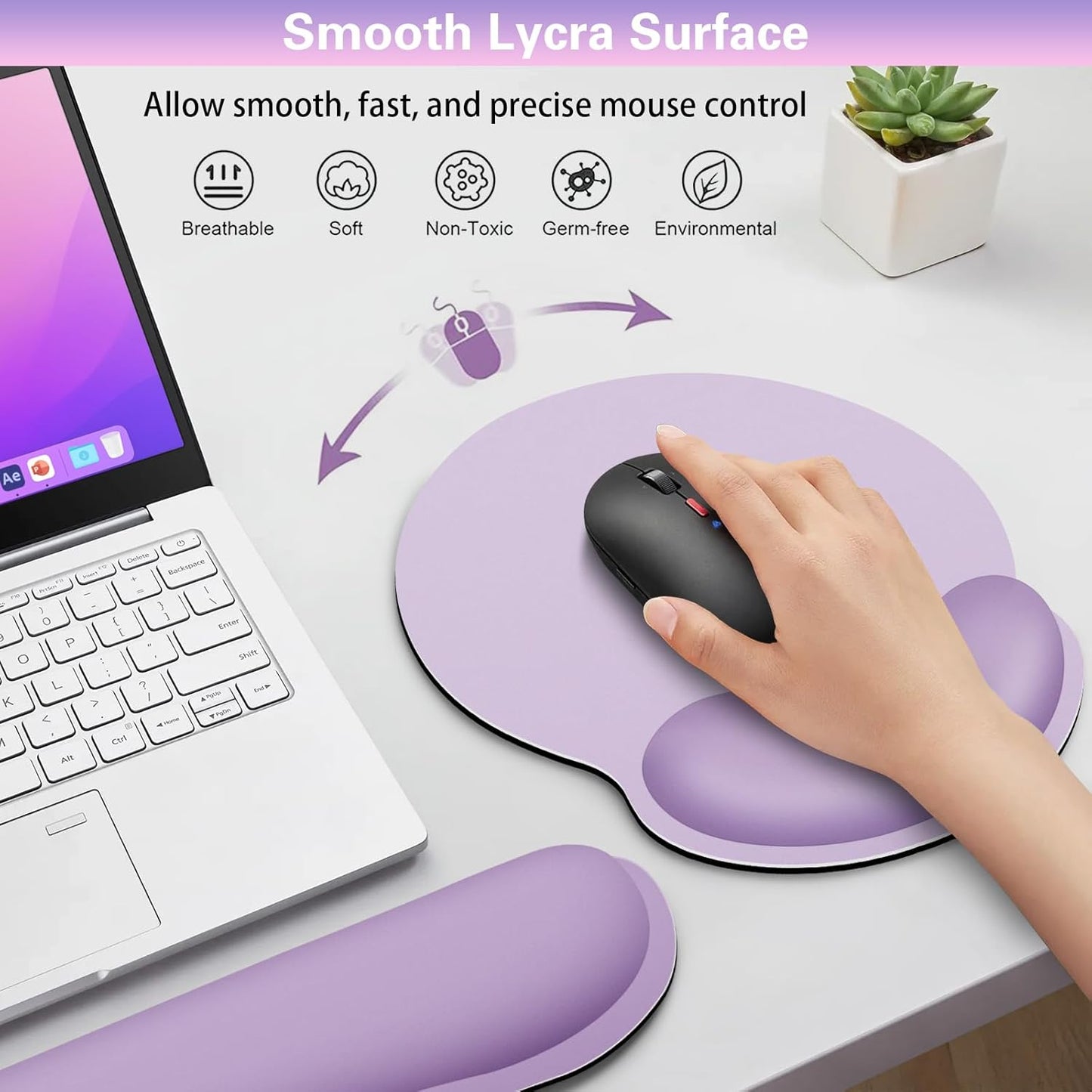 Mouse Pad with Wrist Rest Set, 3-in-1 Wrist Support Mousepad Set, Gaming Mat Pad with Anti-Skid Base,Ergonomic Mouse Pad Purple,Memory Foam Gel Wrist Rest for Computer Keyboard