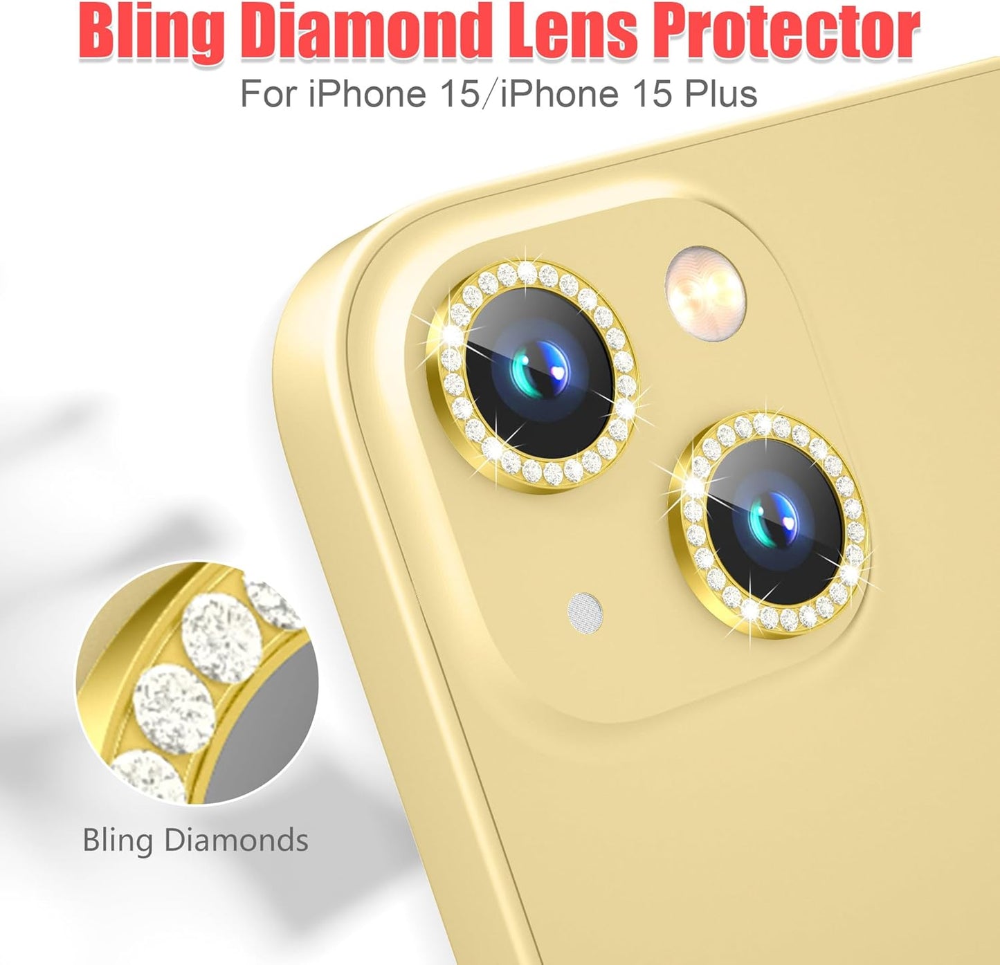 AGVEE 3+3 6 Pack for iPhone 15/15 Plus Camera Lens Protector, Bling Diamond & Bling Glitter Metal Ring 9H Tempered HD Glass Camera Protector Cover Film, Bling-Gold