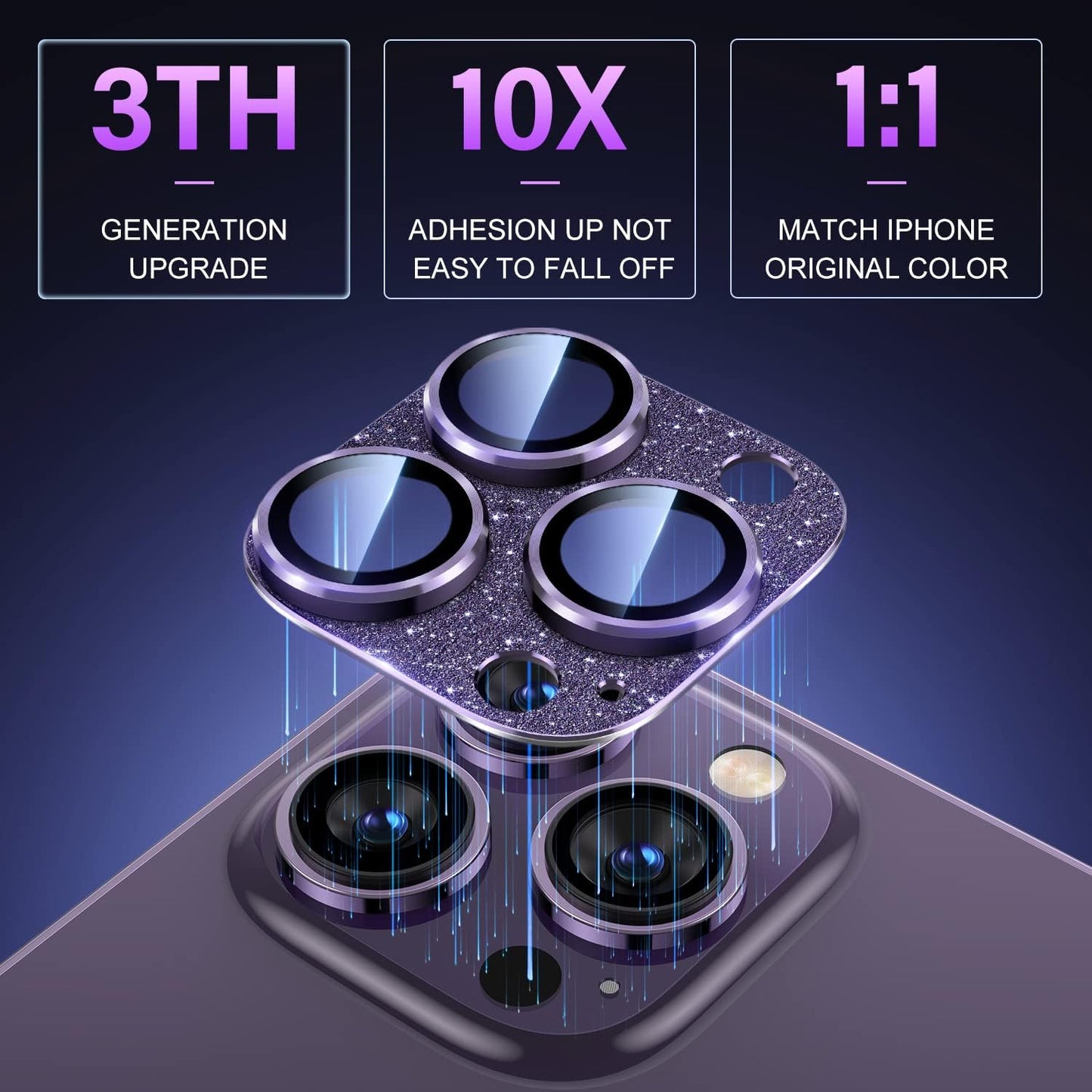 Uyiton for iPhone 14 Pro/iPhone 14 Pro Max Camera Lens Protector, [Drop Protection] 9H Tempered Glass Camera Cover screen Metal Ring Case Friendly Scratch Resistant Easy to Install - Glitter Purple