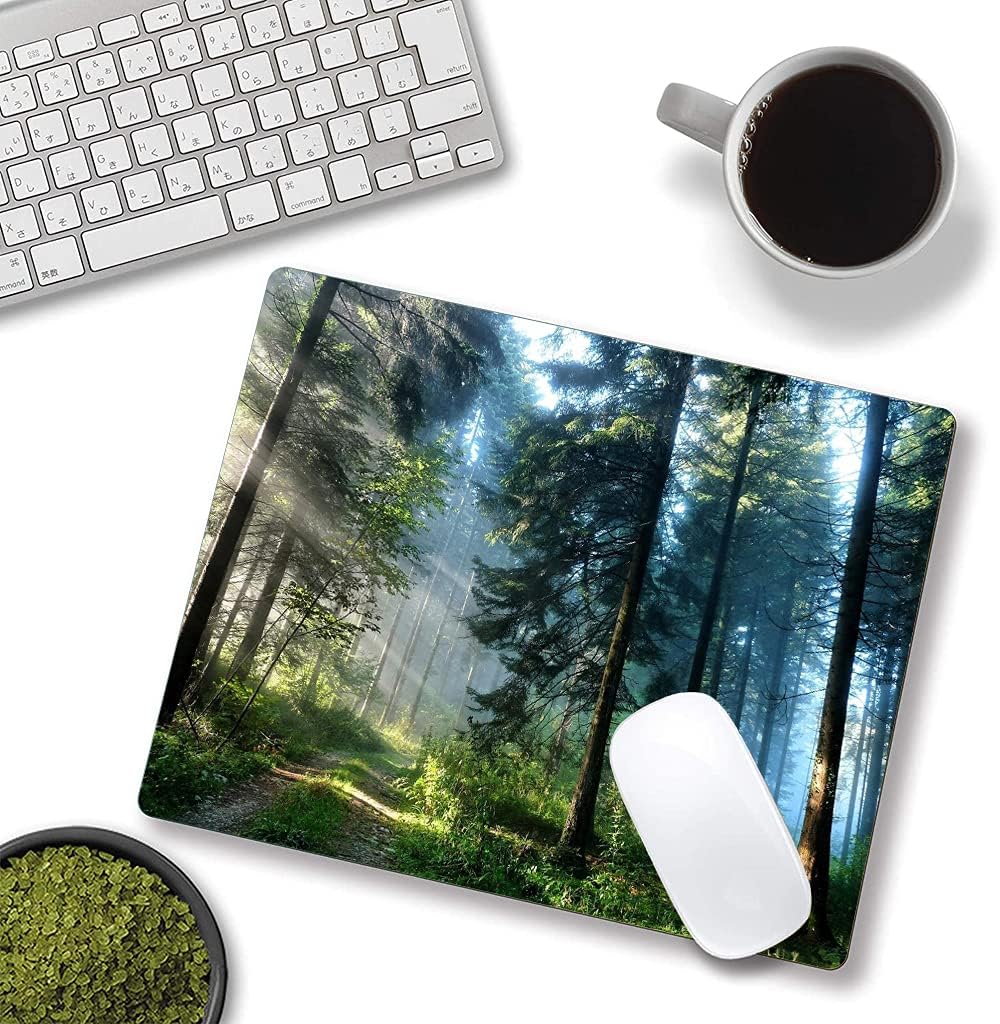 Forest Mouse Pad, Natural Scenery Mouse Pad Custom Design, Square Waterproof Mouse Pad Non-Slip Rubber Base MousePads for Office Laptop, 9.5x7.9x0.12 Inch, Nature Misty Forest