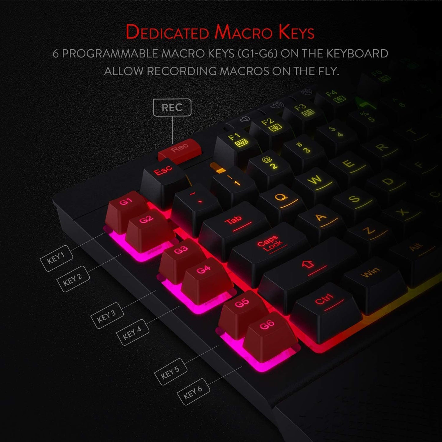 Redragon K512 Shiva RGB Backlit Membrane Gaming Keyboard with Multimedia Keys, Linear Mechanical-Feel Switch, 6 Extra On-Board Macro Keys, Dedicated Media Control, Detachable Wrist Rest