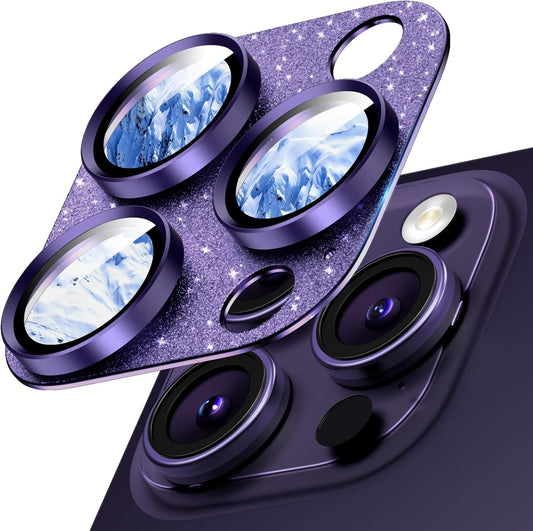 Camera Lens Protector for iPhone 16 Pro Max/16 Pro/15 Pro Max/15 Pro/14 Pro Max/14 Pro, Aluminum Alloy Sapphire Glass Camera Screen Cover, Case Friendly- Glitter Purple