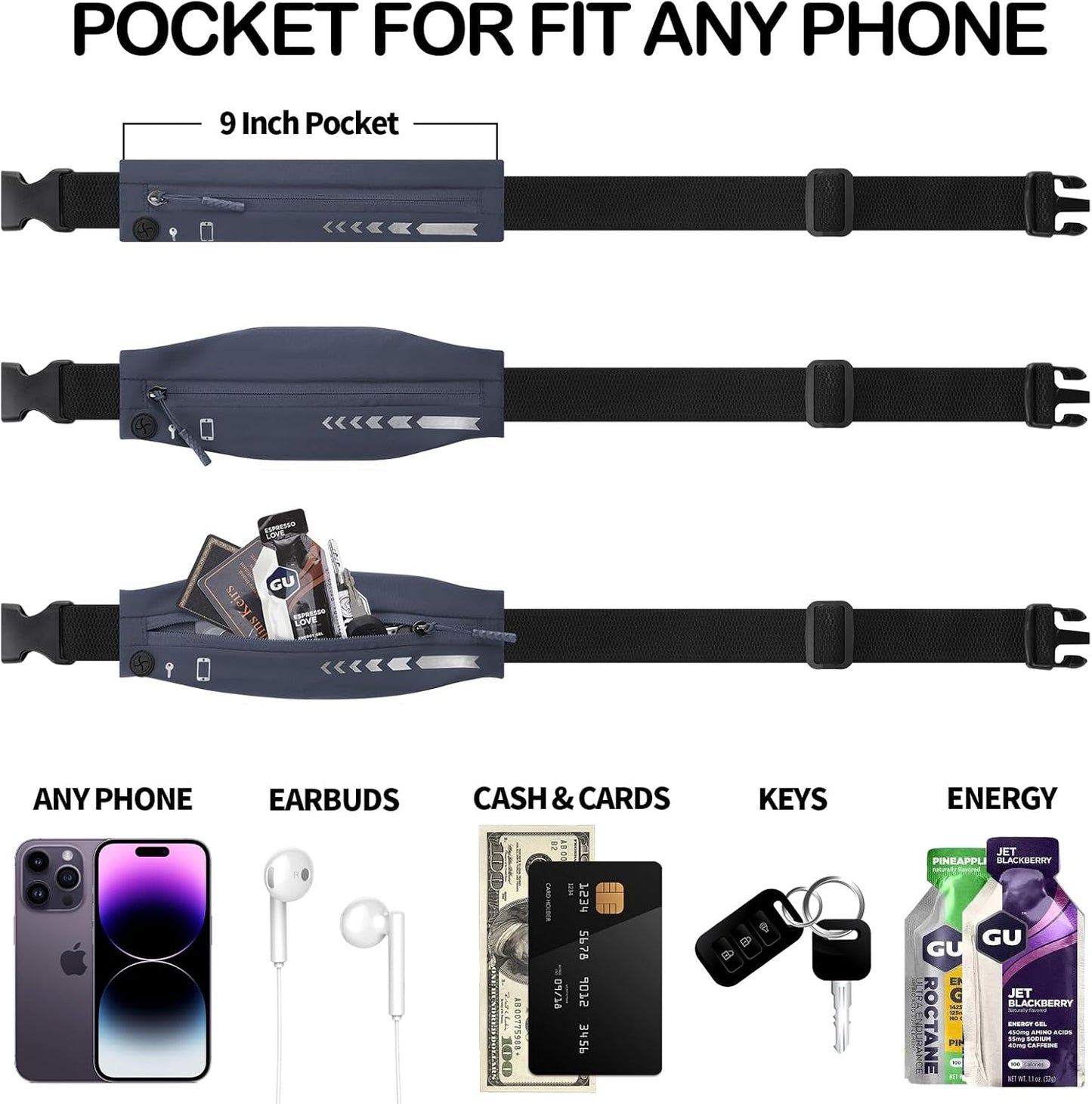 USHAKE Slim Running Belt for Women Men-Runners Phone Holder Fanny Pack, Adjustable, Bounce Free Waist Pouch bag for Workout, Money Belt, Run Gear Accessories Dark Grey