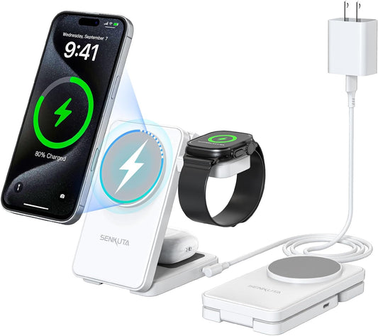 2025 Upgraded Wireless Charger for Apple: 3 in 1 Charging Station Foldable Fast for Apple iPhone 16/15/14/13/12 Max Plus Series - Portable Travel Charger for Apple Watch/Airpods Pro (White)