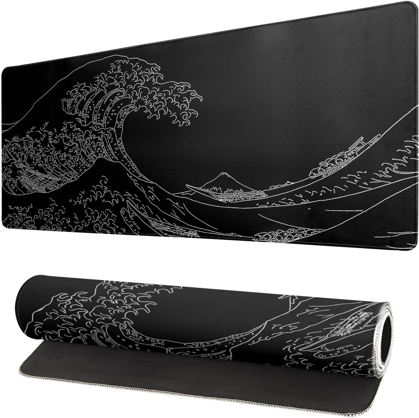 Japanese Sea Wave Large Mouse Pad Abstract Black Mouse Pad 31.5x11.8 Inch Black Kanagawa Texture Non-Slip Rubber Base Large Ocean Mousepad Stitched Edge Keyboard Mouse Mat Desk Pad for Office and Home