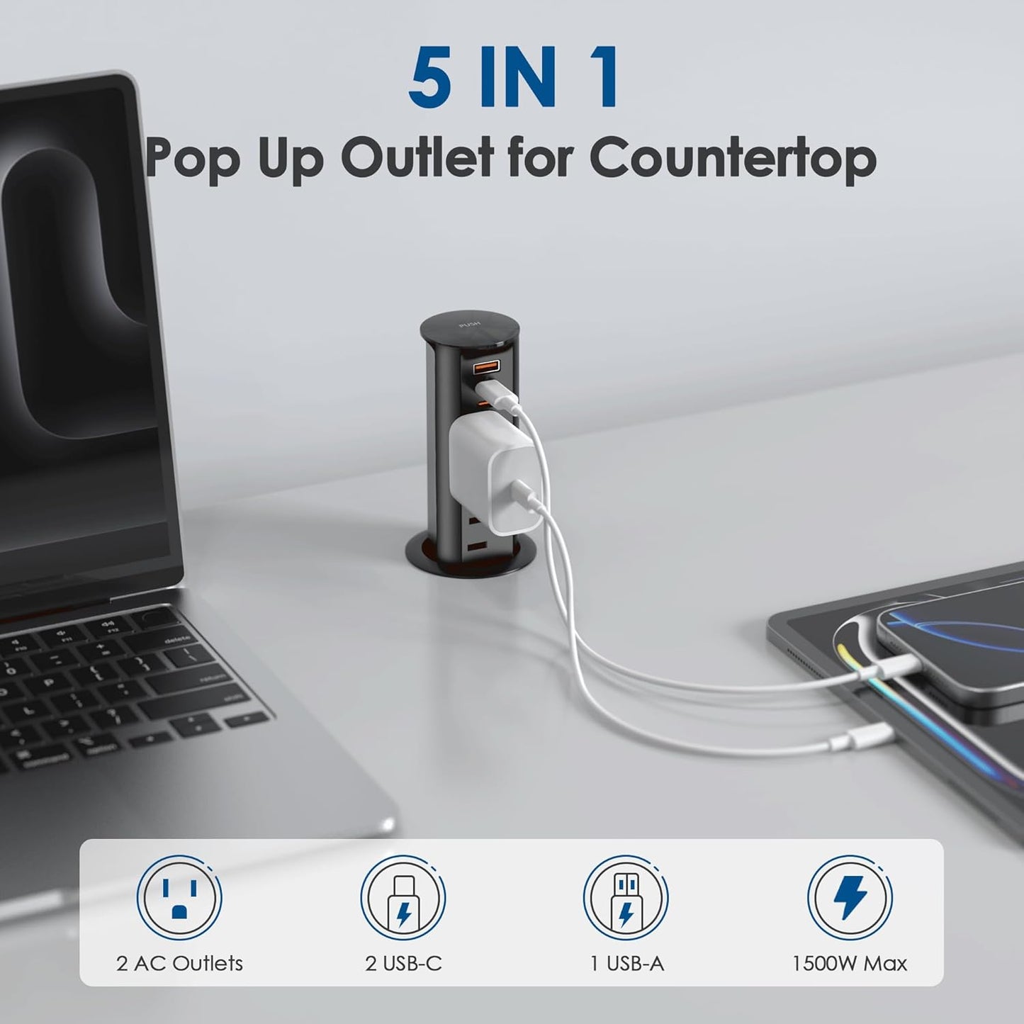 2 Inch Pop Up Outlet for Countertop,Power Grommet 2-inch Desk Wire Hole Insert,20W USB C,2 Outlets,2 USB C/1 USB A,Recessed Outlet,Desk Charging Station (Black, 6 FT Cable)