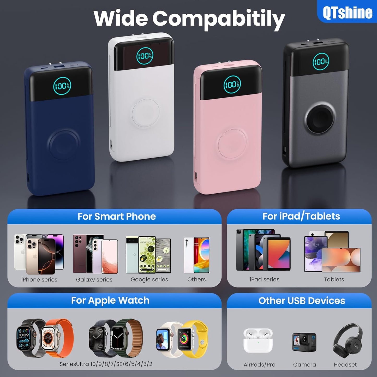 Portable Charger 40800mAh Power Bank with Built-in Cables,Wall Plug and iWatch Charger,6-in-1 QC4.0+25W PD USB C Fast Phone Charging,LCD Display Battery Pack for iPhone 16/15,Apple Watch,Galaxy-Navy