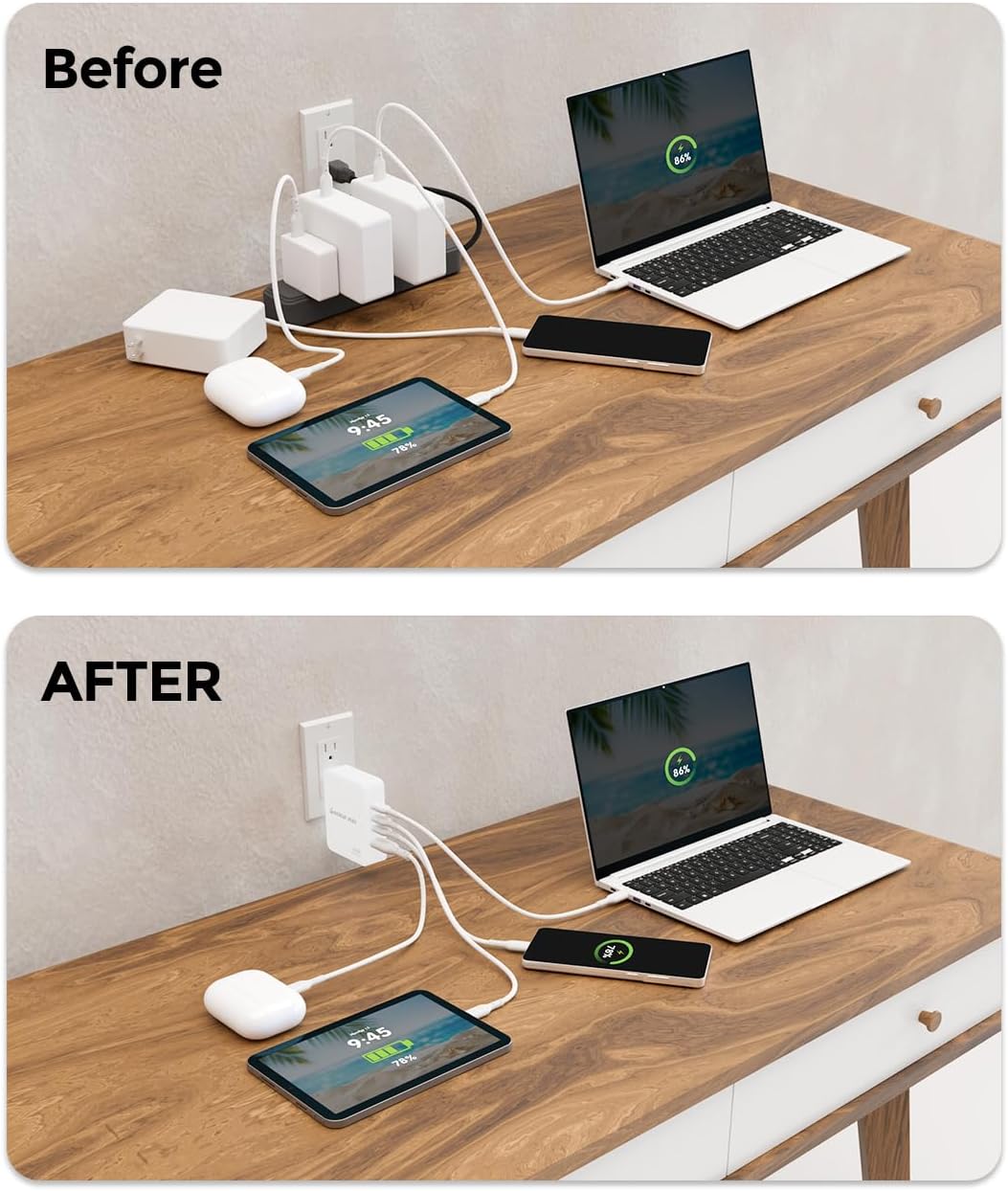 IOGEAR GearPower 145W Multiport Charger, GaN, 4 Port, USB-C Cable, iPhone 16, MacBook Pro/Air, iPad Pro, Google Pixel, Travel Wall Charger, Cable Included, GPAWC145W