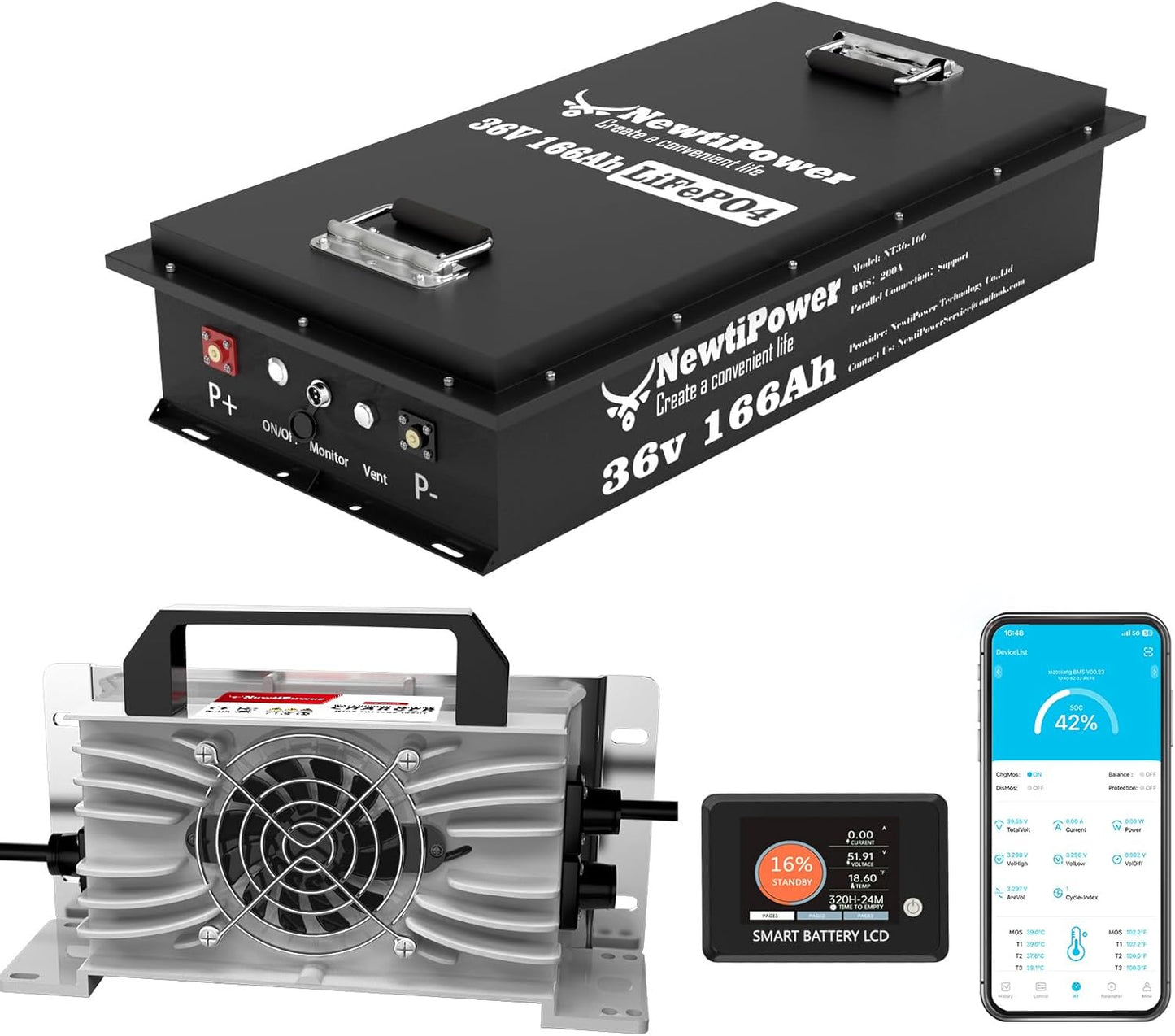 36V 166Ah Golf Cart Lithium LiFePO4 Battery with Charger and 200A BMS Grade A Cells Deep Cycle Rechargeable Battery,10000+ Cycles,Perfect for Golf Cart,Off Grid Applications (36V 166Ah-GC)