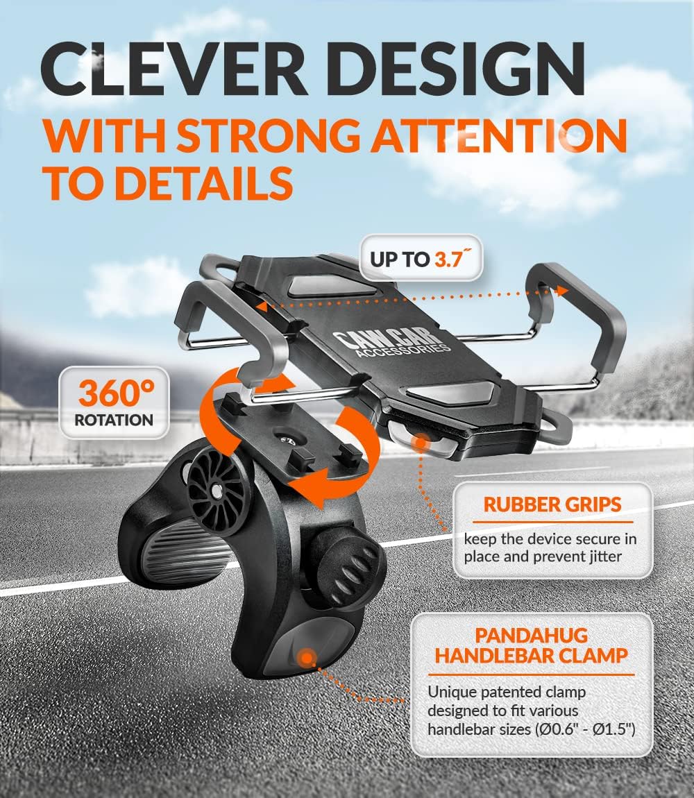 Bike & Motorcycle Phone Mount - For iPhone 16 (15, Xr, SE, Plus/Max), Samsung Galaxy S22 or any Cell Phone - Universal Handlebar Holder for ATV, Bicycle or Motorbike. +100 to Safeness & Comfort