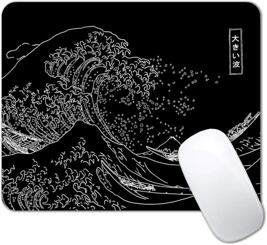 IMAYONDIA Japanese Great Wave Mouse Pad, Black Anime Gaming Mouse Pad, Kanagawa Mousepad, Non-Slip Rubber Base Computer Mice Pad for School Home Office, 9.5 x 7.9 Inch