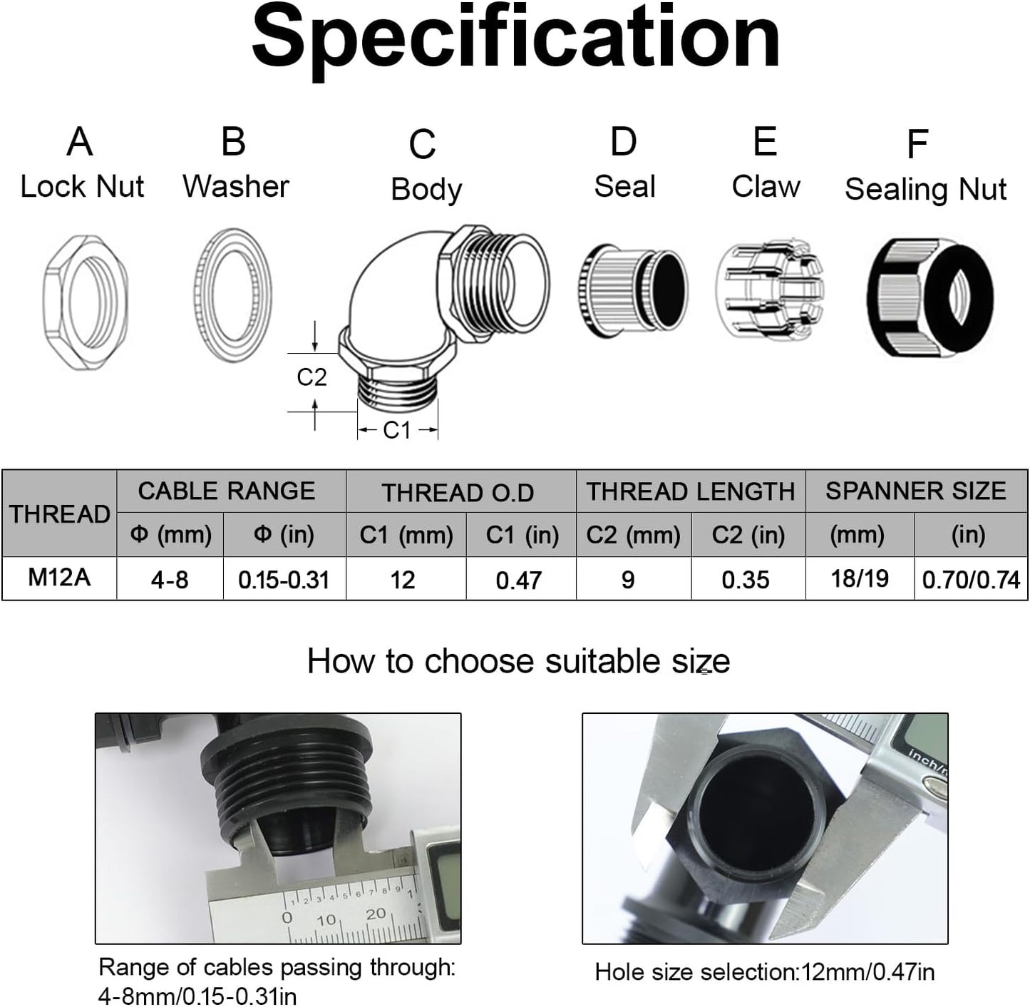 LeMotech M12 Cable Gland, 90 Degree Adjustable 4-8mm Strain Relief, Cord Connectors Nylon Joints with Gaskets, 2 Pcs, Grey