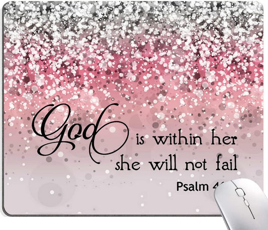 Hokafenle Mouse Pad, Psalm 46:5 God is Within Her, She Will not Fall - Bible Verse Pink Glitter Pattern Mouse Pad for Women, Square Waterproof Non-Slip Rubber Base Mousepad for Office Laptop