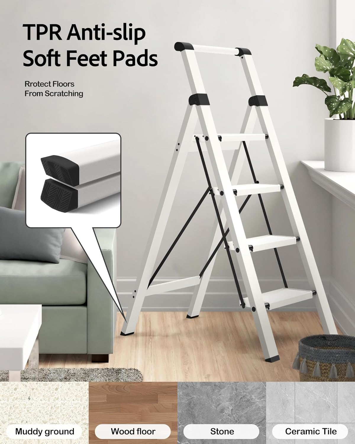 Taranta 4 Step Ladder, Lightweight Aluminum Step Stool with Convenient Handgrip, Folding Ladder with Anti-Slip Pedals, 330lbs Capacity Stepladder for Home, Office, Kitchen - White