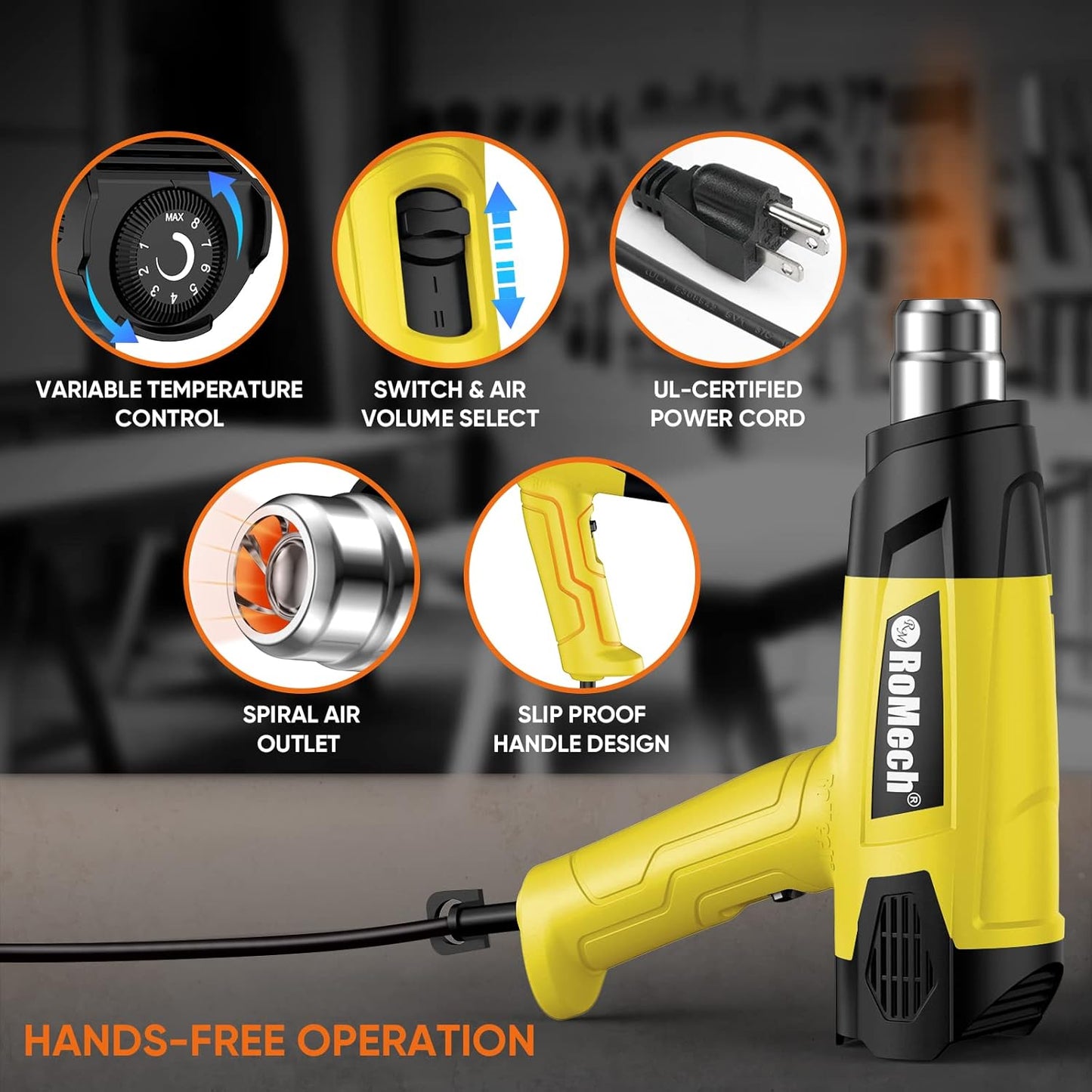 ROMECH 1500W Heavy Duty Heat Gun, Variable Temperature Control Hot Air Gun Kit with 2 Air Flow 120°F~1200°F and 4 Nozzles for Crafts Shrink Wrap (Yellow)