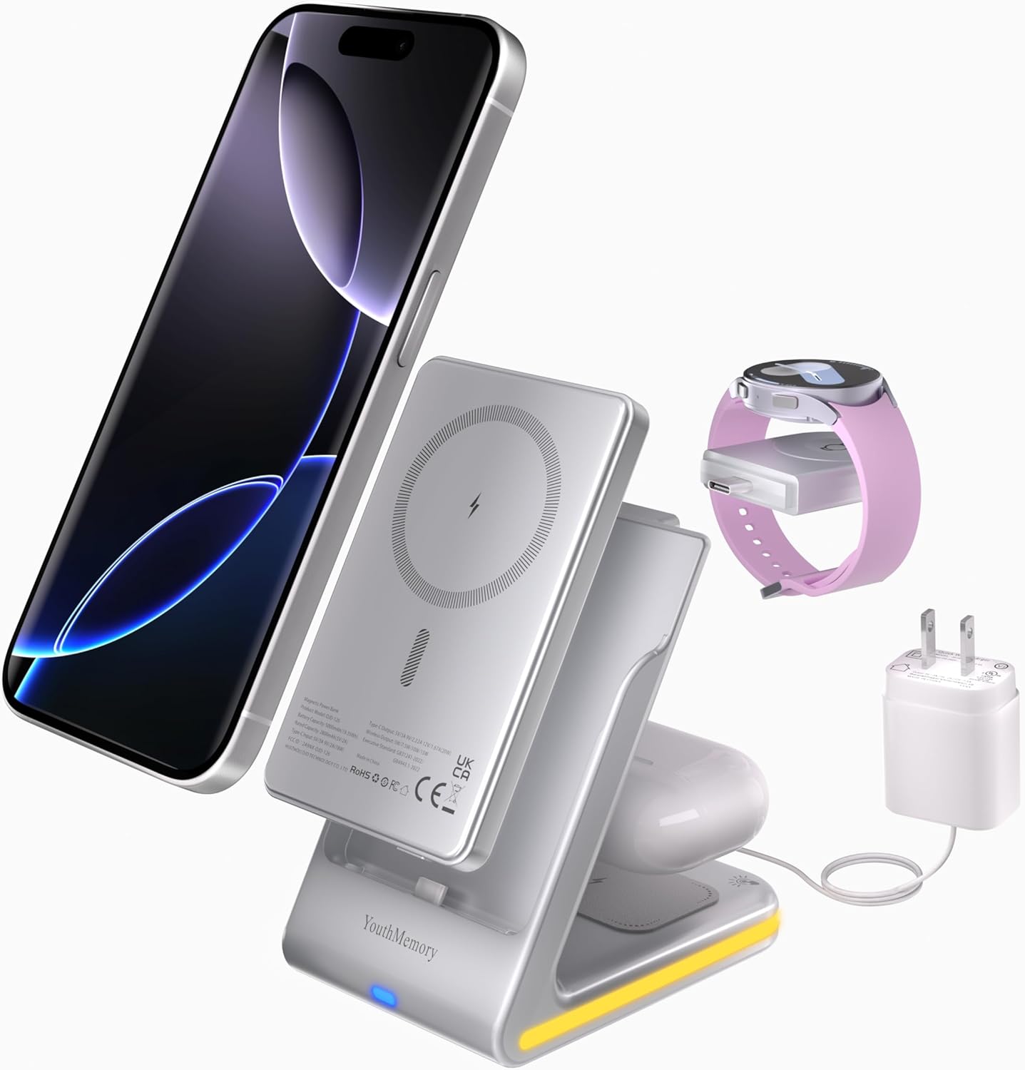 Wireless Charger 5 in 1 Magnetic Charging Station Stand with Portable Power Bank for Apple/Samsung Multiple Devices for Apple Watch 10-2,iPhone 16 15-12 Pro Max/Samsung Galaxy S25 Ultra S24-S8