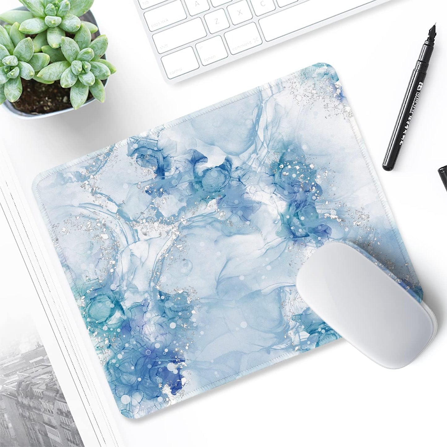 ITNRSIIET Mouse Pad with Stitched Edge Premium Textured Smooth Precise Operation Waterproof Washable Non-Slip Rubber Base Desktop Protection Mat, 10.2×8.3×0.12 inches, Blue Abstract Marble