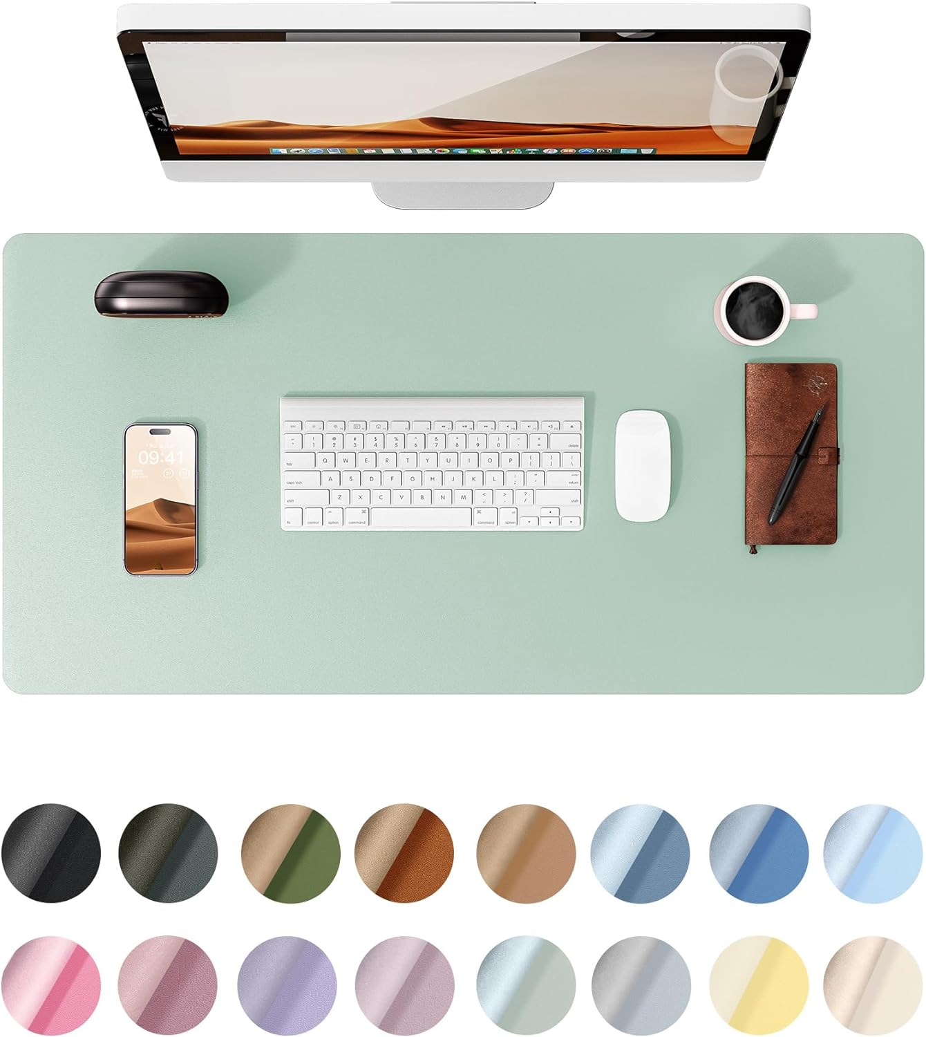 YSAGi Leather Desk Protector, Office Mat, Large Mouse Mat, Non-Slip PU Leather Blotter, Laptop Desk Pad, Waterproof Writing Pad for Office and Home (Pale Green, 35.4" x 17")