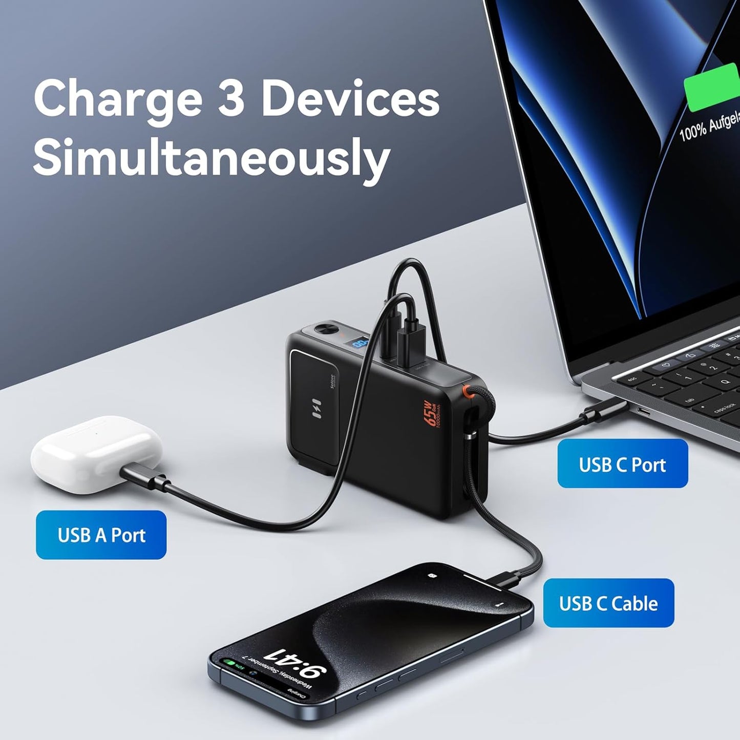 Fast Charging Portable Charger Power Bank 10,000mAh PD35W USB-C Battery Pack with 65W GaN Wall Charger, Built in USB C Cable for iPhone 16/1514/13 Series, Laptop, Samsung, Pixel, MacBook, Dell