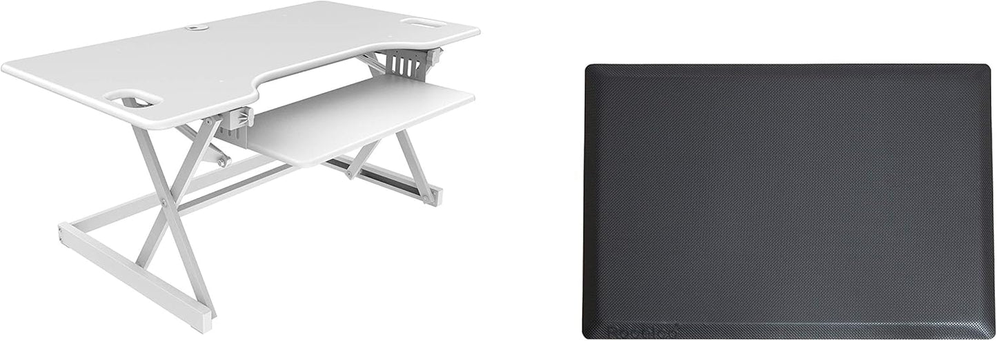 Rocelco 46" Large Height Adjustable Standing Desk Converter with Anti Fatigue Mat BUNDLE - Quick Sit Stand Up Triple Monitor Riser - Retractable Keyboard Tray - White (R DADRW-46-MAFM)