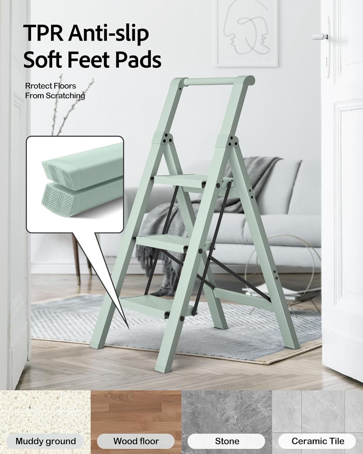 Taranta 3 Step Ladder,Lightweight Aluminum Step Stool with Convenient Handgrip, Folding Ladder with Anti-Slip Pedals, 330lbs Capacity Stepladder for Home, Office, Kitchen-Fairyland Green