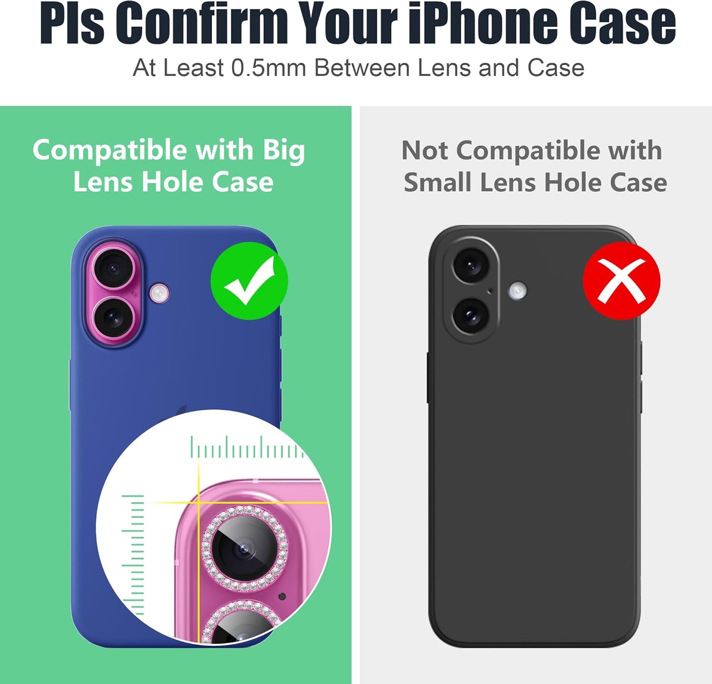 AGVEE 3+3 6 Pack for iPhone 16 6.1" / 16 Plus 6.7" Camera Lens Cover Protector, Bling Diamond & Bling Glitter Metal Ring 9H Tempered HD Glass Camera Cover Protector Film, Bling-Rose