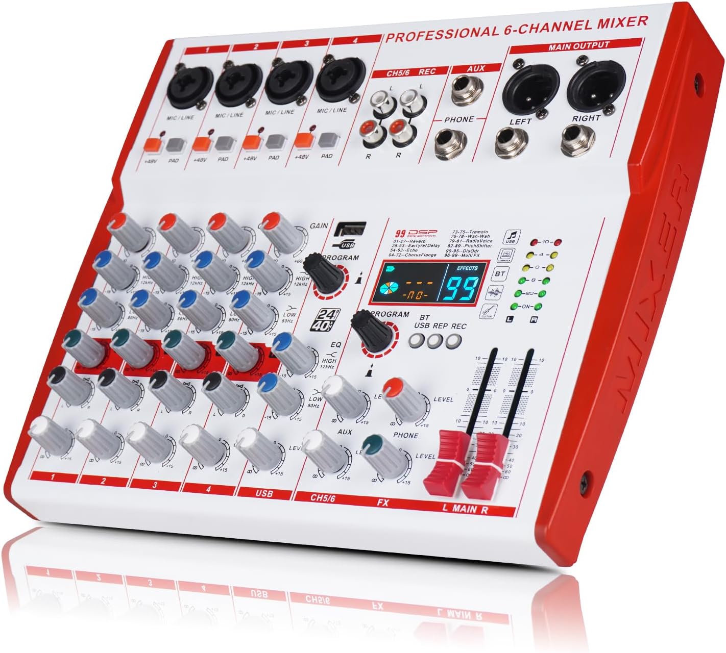 MW-6 6 Channel Professional DJ Audio Mixer, Portable Controller Mixer with DSP 99 Preset Effects for Live Streaming, Podcasting, Family Party (mw-6 white)