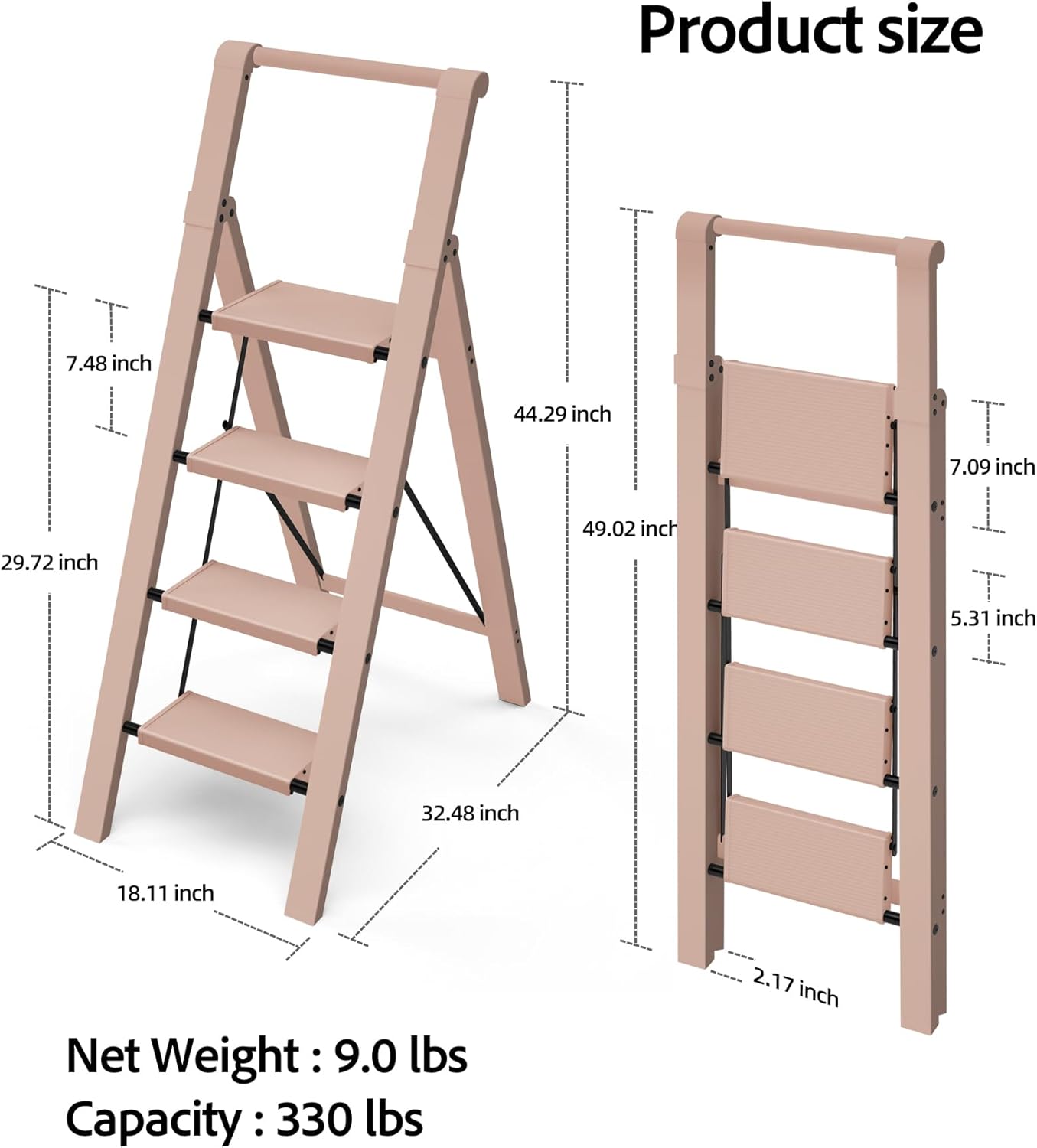 Taranta 4 Step Ladder, Lightweight Aluminum Step Stool with Convenient Handgrip, Folding Ladder with Anti-Slip Pedals, 330lbs Capacity Stepladder for Home, Office, Kitchen - Peach Pink