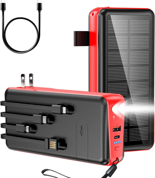 Portable Charger with Built in Cable and Wall Plug 50000mAh 22.5W Fast Charging Solar Power Bank with 5 Output & 2 Input Dual LED Flashlights Phone Holder External Battery Pack (Red)