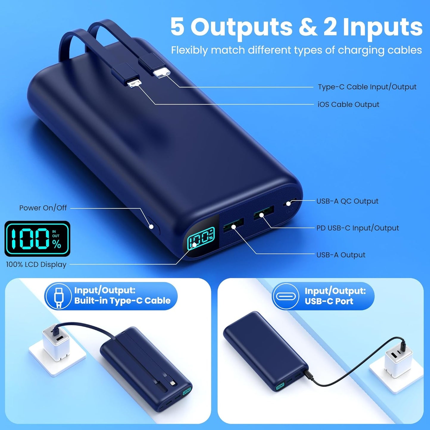 Portable Charger 40,800mAh Power Bank with Built-in Cables,5 USB Output Battery Pack Backup,25W PD USB-C in&out Phone Charging Compatible with iPhone 16/15 Pro,Android Samsung Galaxy Pixel Nexus-Blue