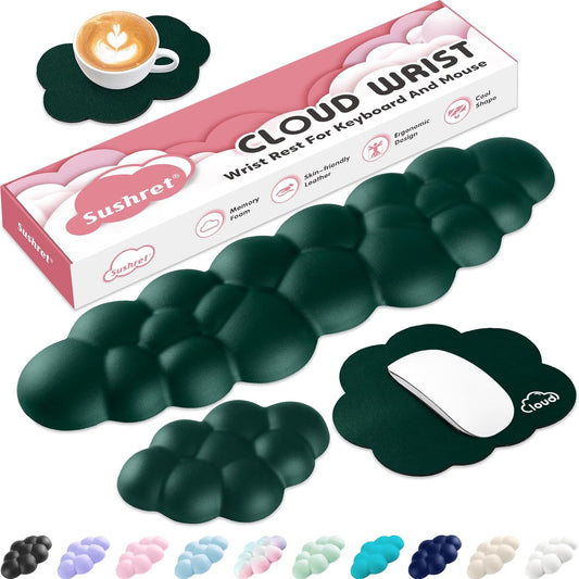 Cloud Wrist Rest for Computer Keyboard, 4-in-1 Memory Foam Leather Cloud Keyboard Wrist Rest and Mouse Pad Set with Ergonomic Support for Arm and Palm Cushion, Gaming/Work Setup, Dark Green