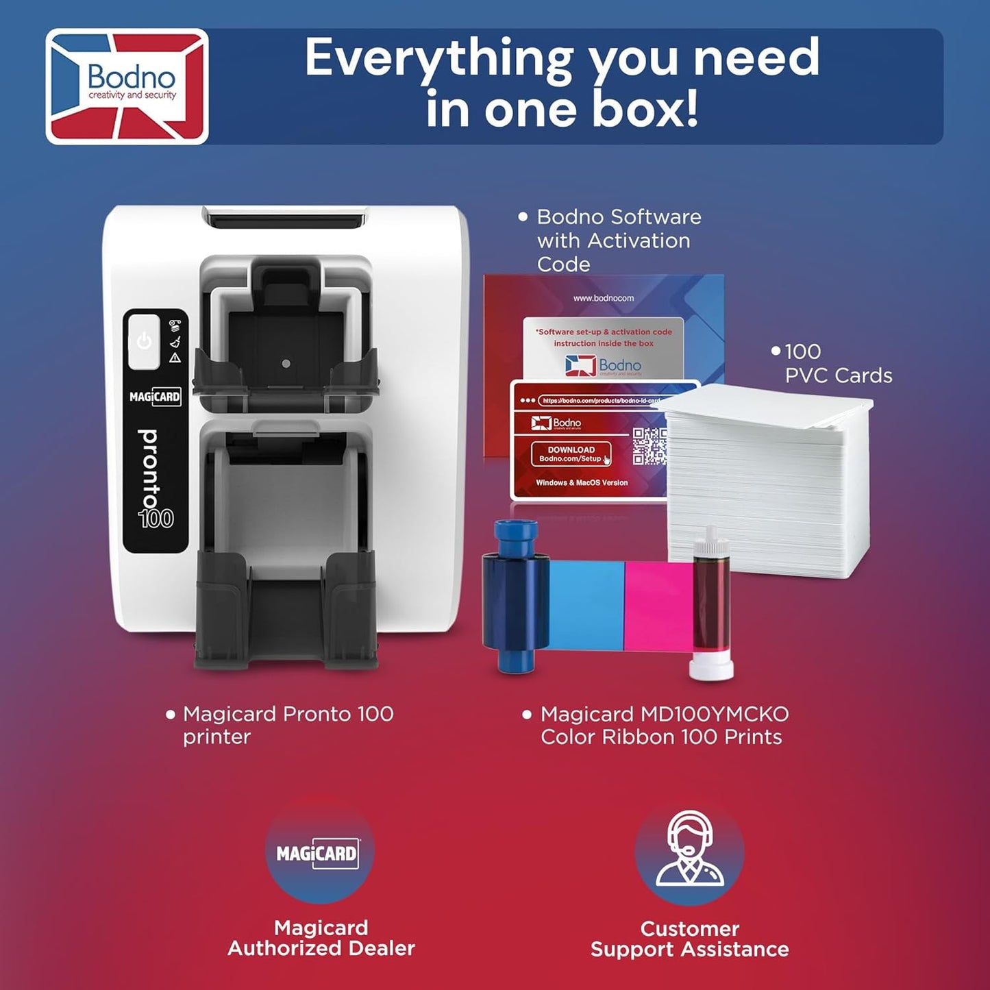 Bodno Magicard Pronto 100 ID Card Printer & Complete Supplies Package ID Software - Silver Edition