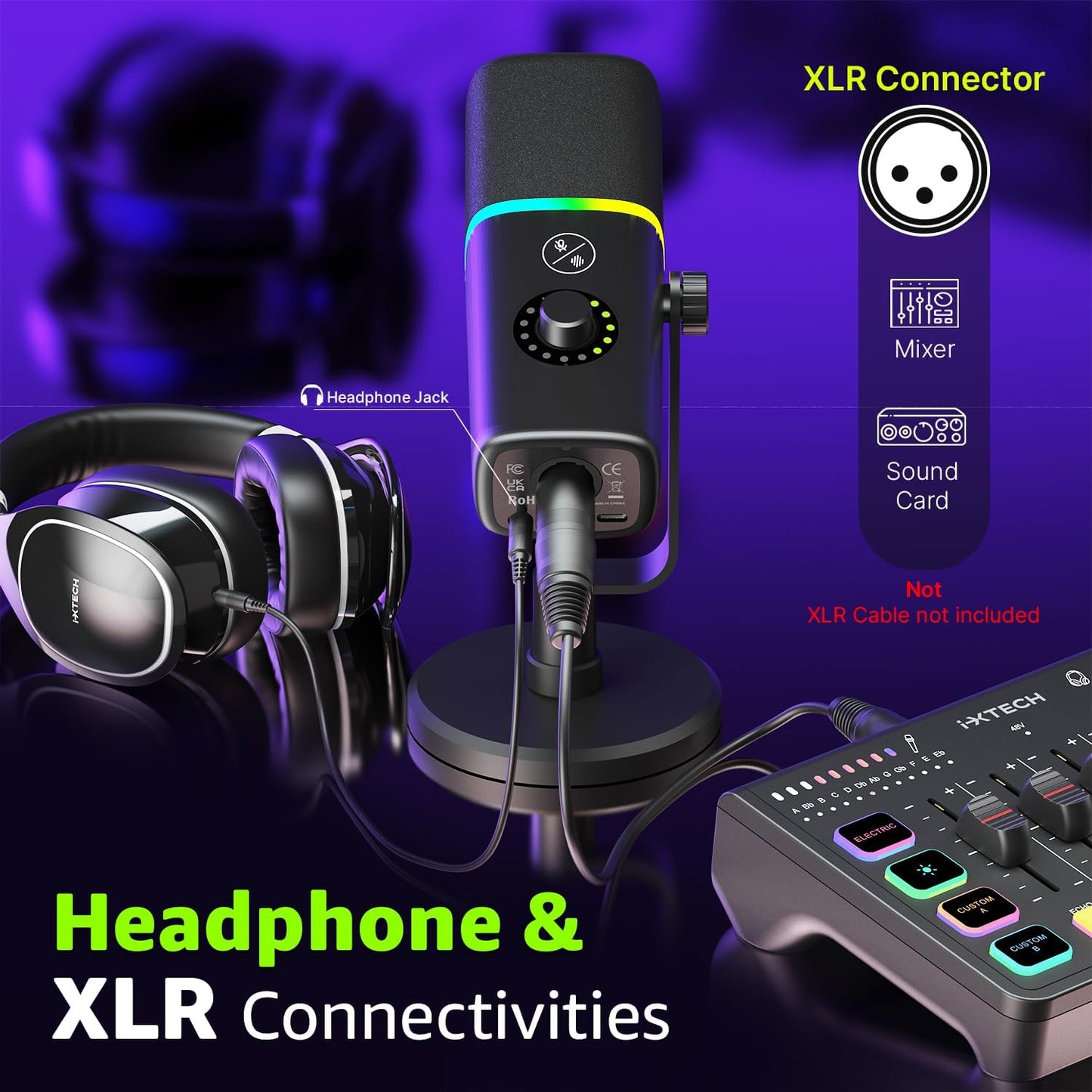 IXTECH Gaming USB Microphone for PC, Noise Cancellation Condenser Mic for Podcasts and Video Streaming with Tripod Stand, Pop Filter, Shock Mount, Gain Control, RGB Lights, Quiet Mute Button (Black)