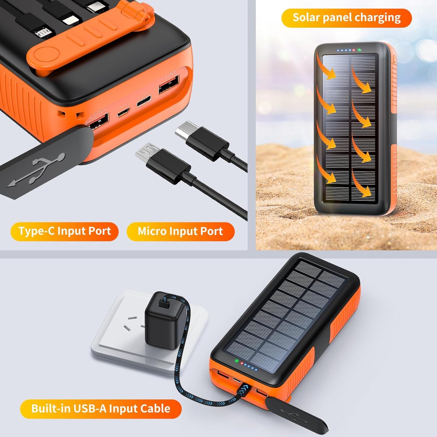 Solar Charger Power Bank 63200mAh, Portable Charger with Dual Outputs & Dual Inputs 4 LEDs Flashlight, Hand Crank Power Bank Fast Charging Battery Pack for Outdoor Camping Survival Gear