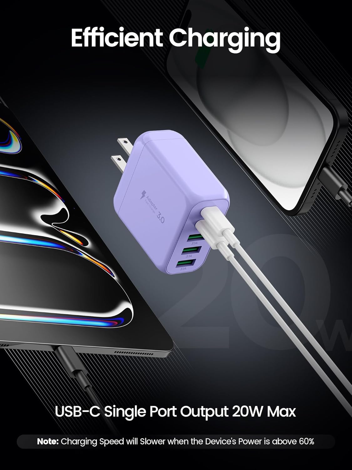 USB C Charger Block,EIZLXQ [2-Pack] Type C Charger Fast Charging,50W 5-Port USB Wall Chargers Multiport Type C Charging Block Cube for iPhone 16 15 14 13 12 11 Pro Max XS,iPad,Samsung&More-Purple