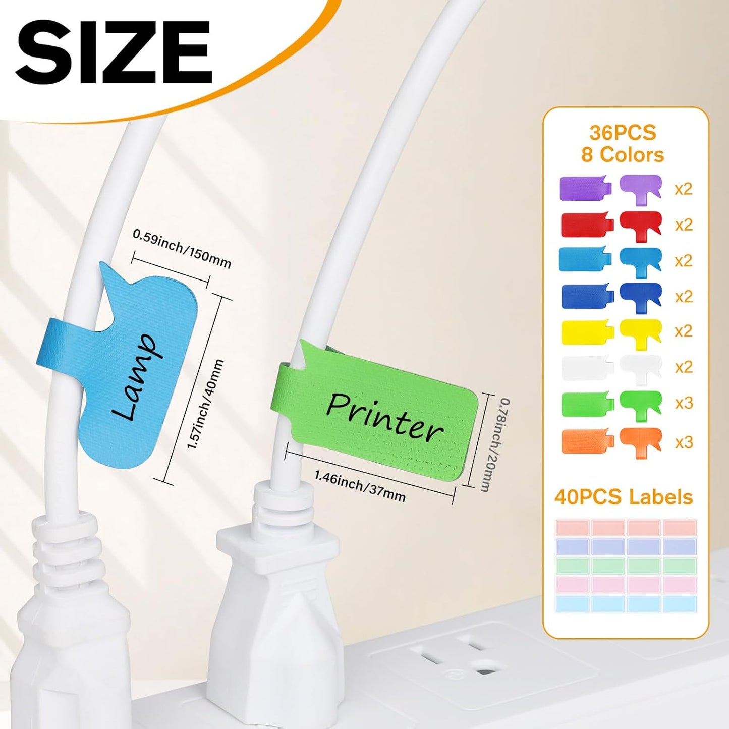 36Pcs Large Cable Labels - 8 Colors Reusable Write-On Wire Tags, Wire Identification Labels for Electronics, with 40Pcs Label Stickers, Cable Management for Home/Office, Rectangle & Oval