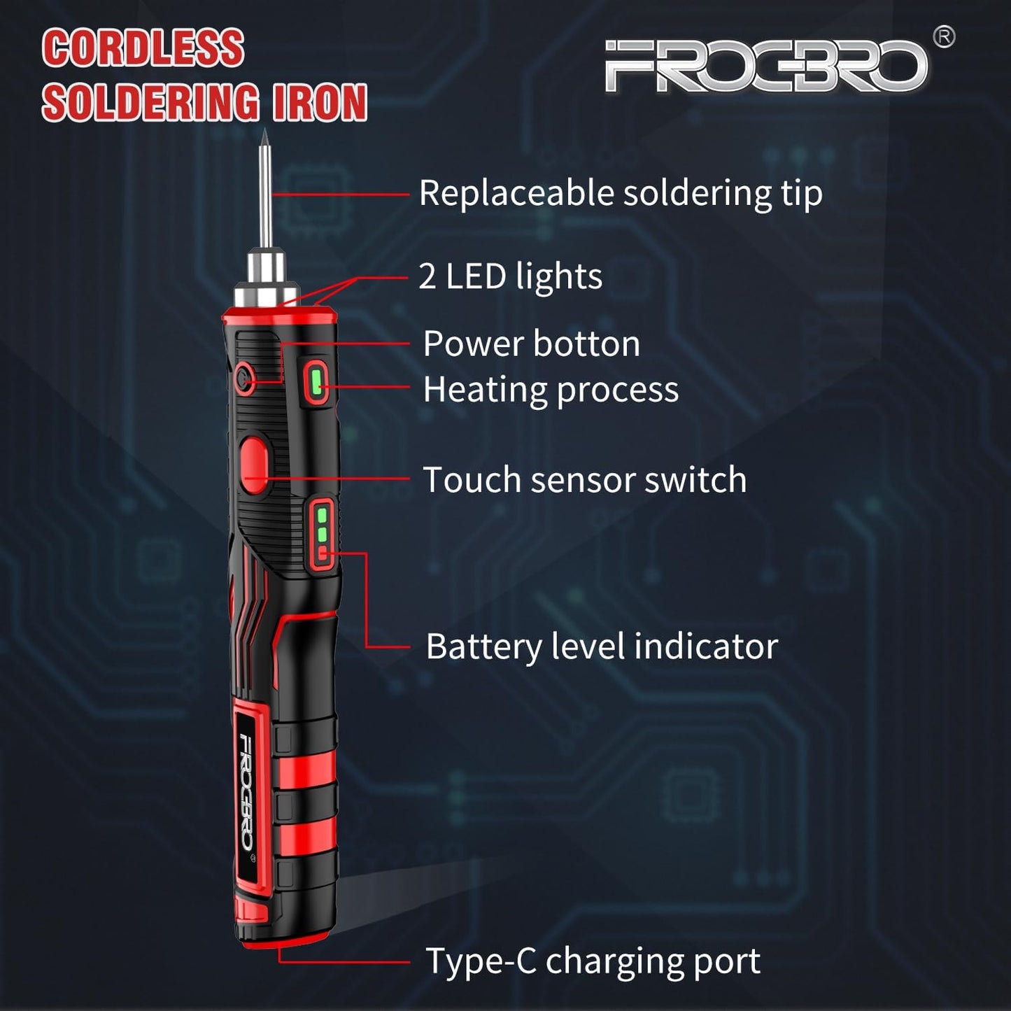 FrogBro 11W 2500mAh Cordless Soldering Iron Kit, Upgrade Max 968℉ Fast Heating Portable USB Rechargeable Soldering Iron High Capacity with Touch Sensor & LED Spotlight (2 tips+adaptor)