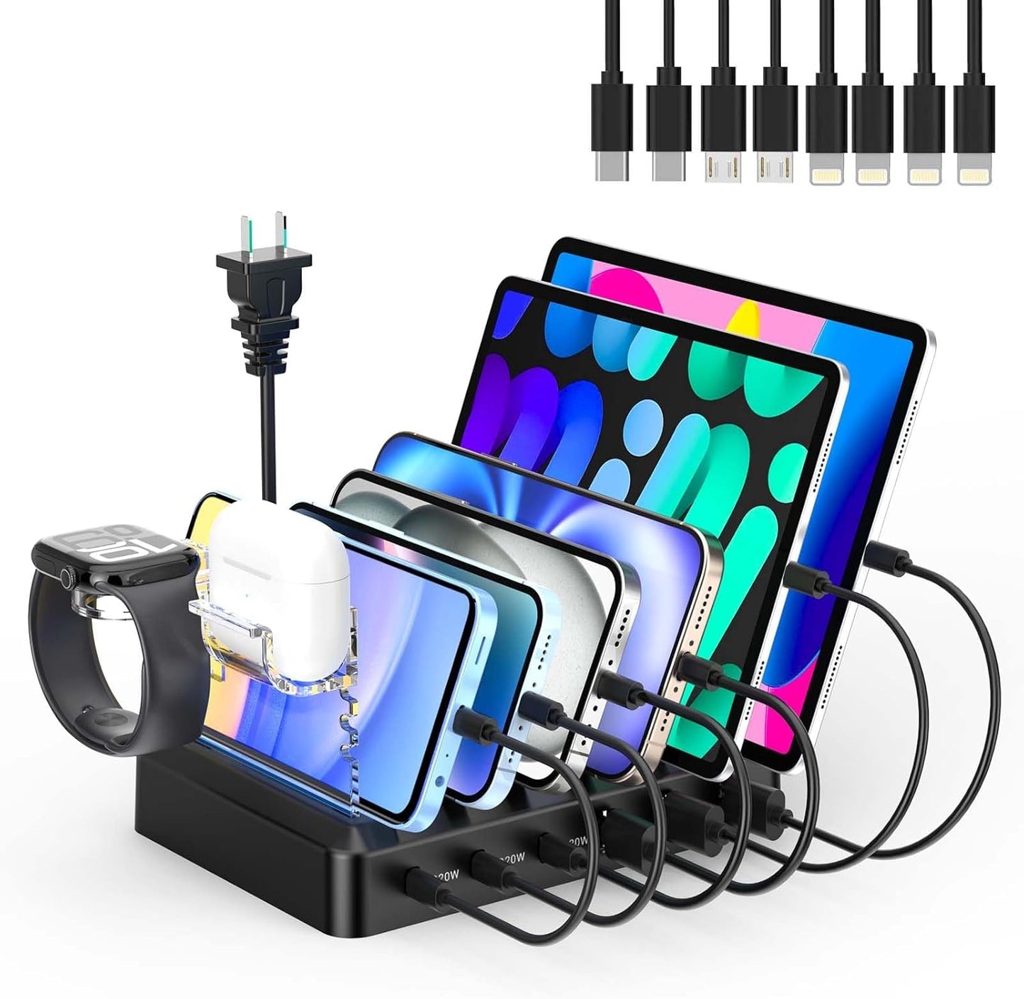 Catlyn Charging Station for Multiple Devices, 6-Port 90W Fast Charger Stations with 8 Mixed Charger Cables Organizer Dock,Compatible for Cell Phone