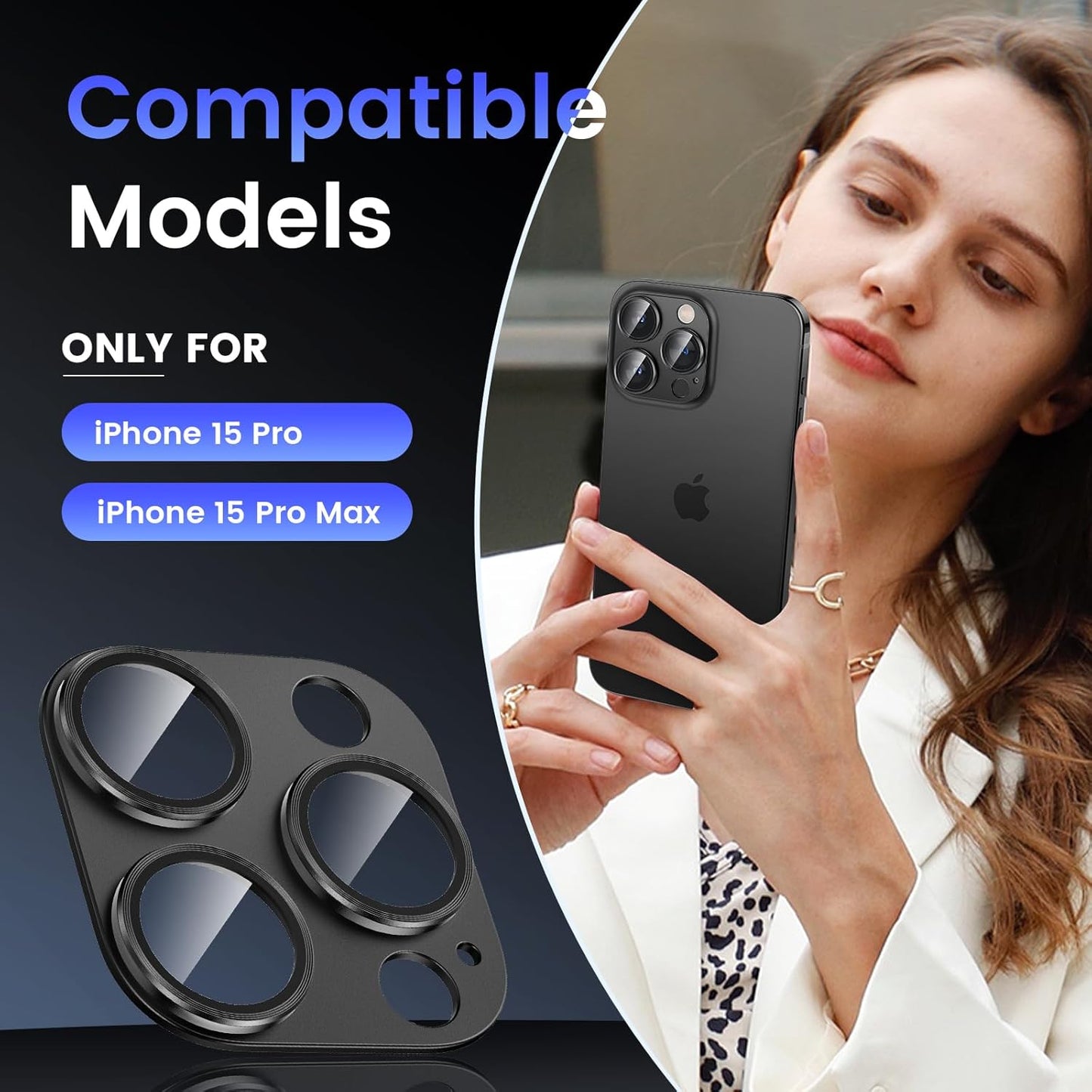 Tensea for iPhone 16 Pro/iPhone 16 Pro Max/iPhone 15 Pro/iPhone 15 Pro Max Camera Lens Protector, Metal Aluminum Alloy Tempered Glass Cover Camera Screen Protector Accessories, Case Friendly Black