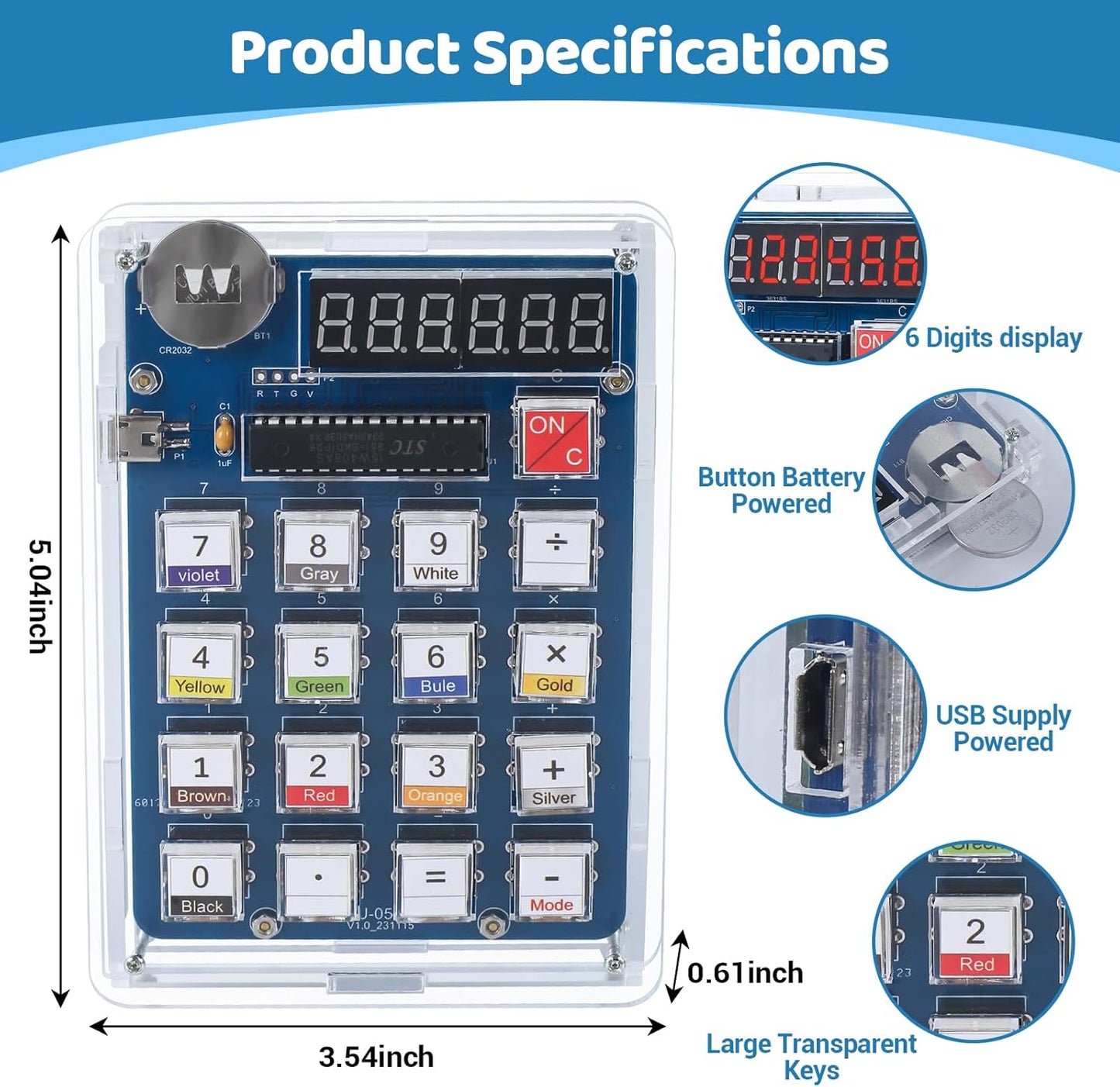 MiOYOOW 6-Digit DIY Calculator Kit, USB/Battery Powered Calculator Soldering Practice Kit with Resistance Value Measurement, Practical Electronics Projects for School Learning and Home Office Use