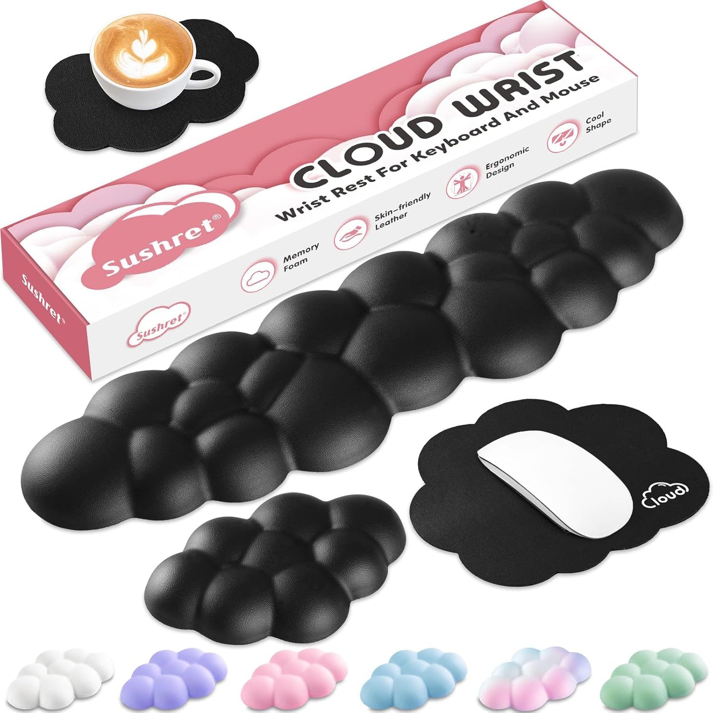 Cloud Wrist Rest for Computer Keyboard, 4-in-1 Memory Foam Leather Cloud Keyboard Wrist Rest and Mouse Pad Set with Ergonomic Support for Arm and Palm Cushion, Gaming/Work Setup, Black