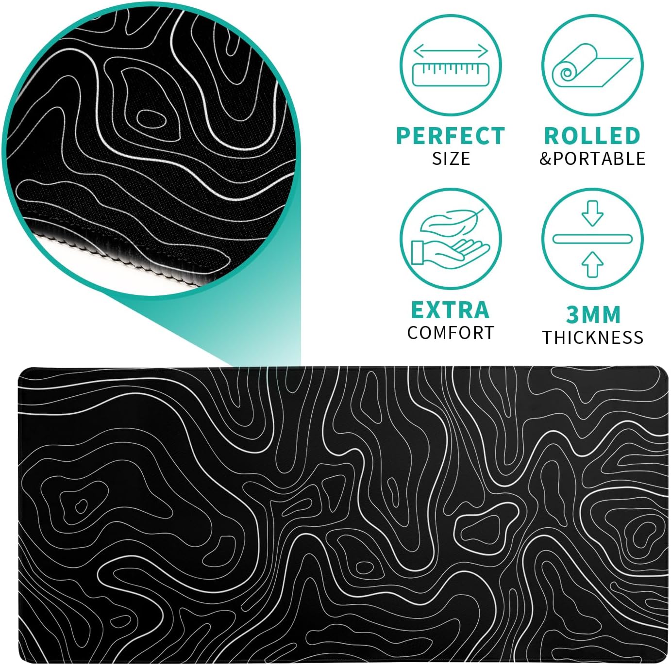 Topographic Contour Black Gaming Mouse Pad XL Geographic Map Lines Extended Big Large Desk Mat Non-Slip Rubber Base Stitched Edge Long Keyboard Mousepad for PC Computer Laptop,31.5x11.8 Inch