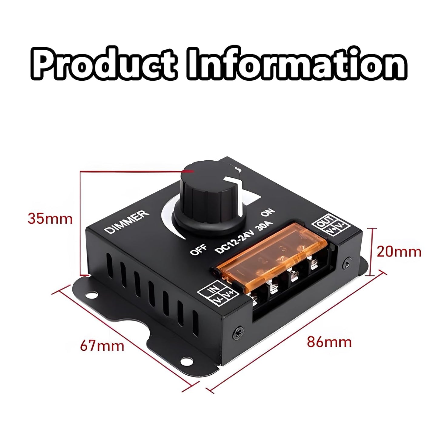 MAYWILLA LED Light Strip Dimmer Controller,DC 12V-24V 30A PWM Stepless Dimming Switch with Adjust Brightness ON/Off Knob and Aluminum Case for Single Channel 5050 3528 LED Light Strip