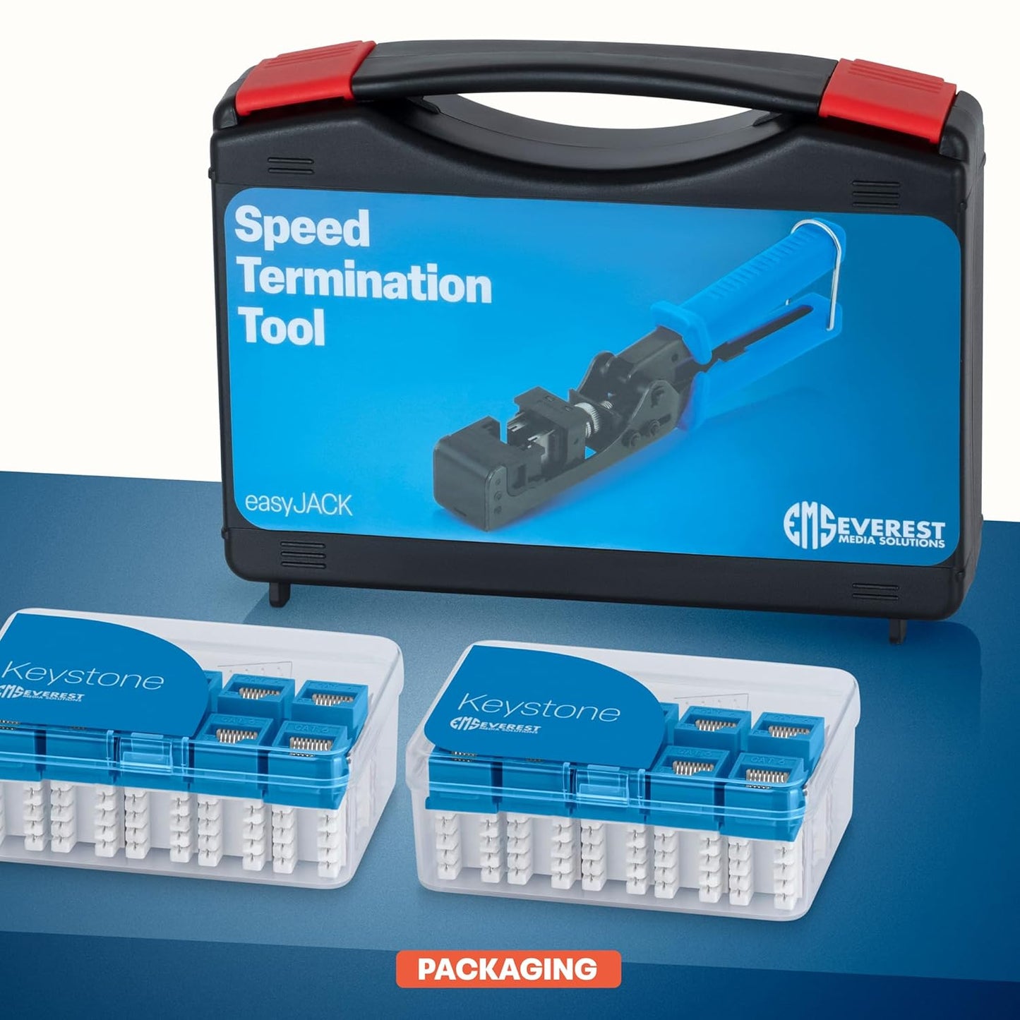 Everest easyJACK - 90° Angled Speed Termination Keystone Tool Set - with 20-Pack of RJ45 Cat6 Keystone Jacks in Blue (Slim Profile Design) - Time Saver Network Punch Down Tool Cat6