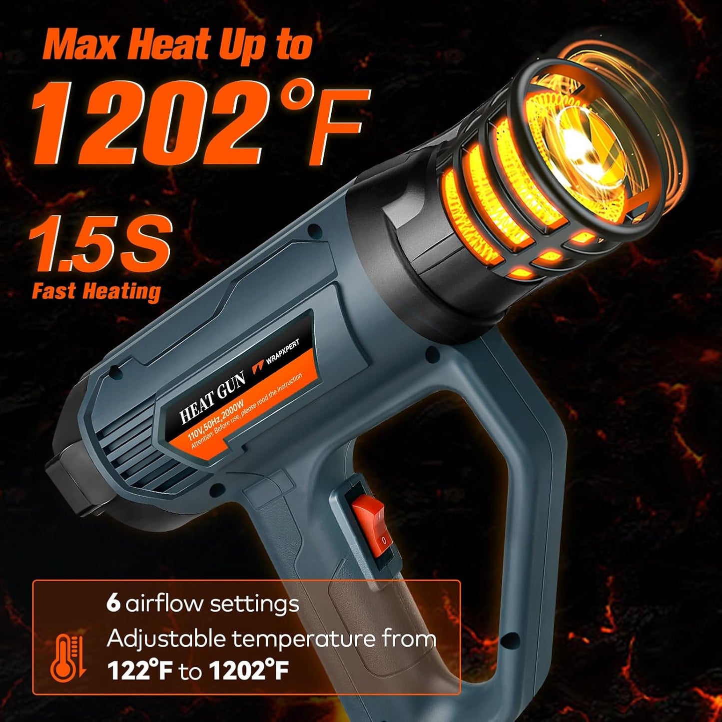 WRAPXPERT Heat Gun for Vinyl Wrap with Digital LCD 2000W 122℉-1202℉（50℃- 650℃) Hot Air Gun Variable Temperature Control Memory Function for Car Wrap, Crafts, Shrinking Tubing, Stripping Paint