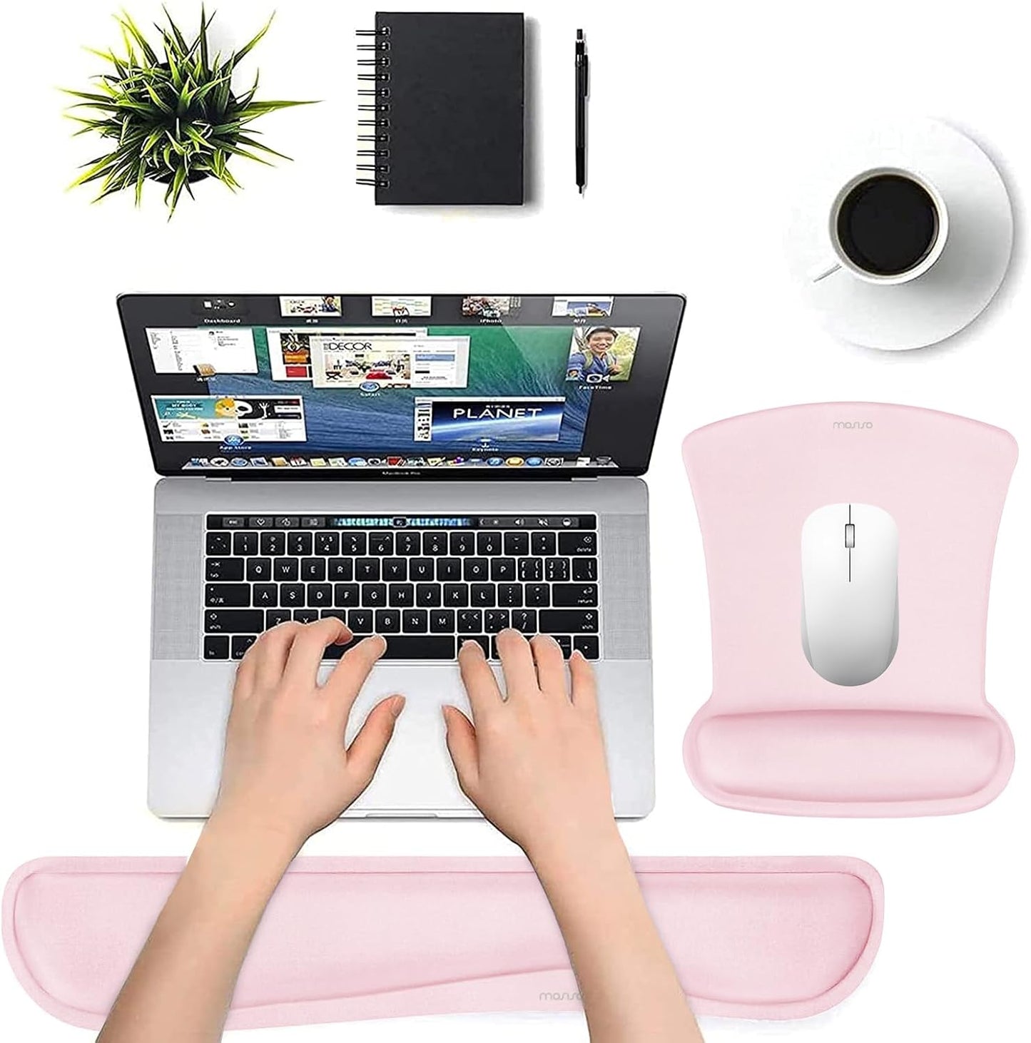 MOSISO Wrist Rest Support for Mouse Pad & Keyboard Set, Ergonomic Mousepad Non-Slip Base Home/Office Pain Relief & Easy Typing Cushion with Neoprene Cloth & Raised Memory Foam, Rose Pink